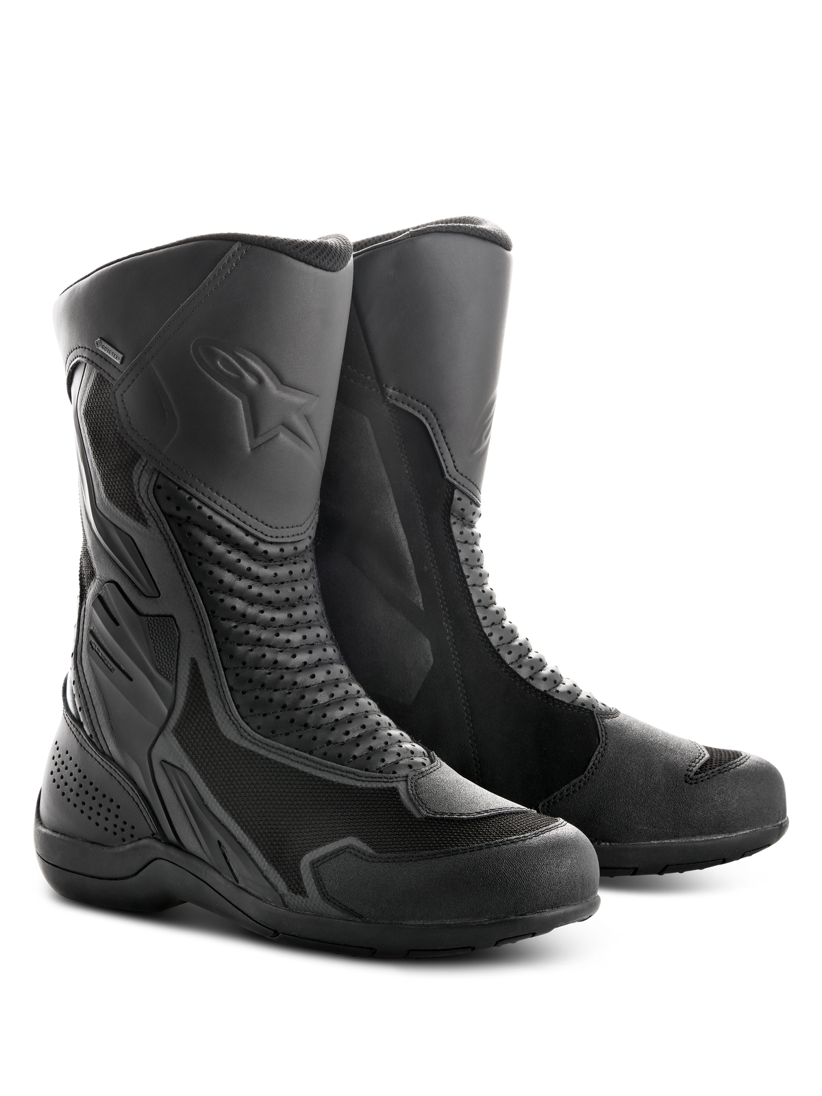 Alpinestars Air Plus V2 GORE-TEX Boots, Motorcycle Touring Boots, Black, featuring a combination of ventilated mesh and leather construction, perforated accordion panels for flexibility, embossed star logo on the shin, and a durable rubber sole designed for all-weather riding.
