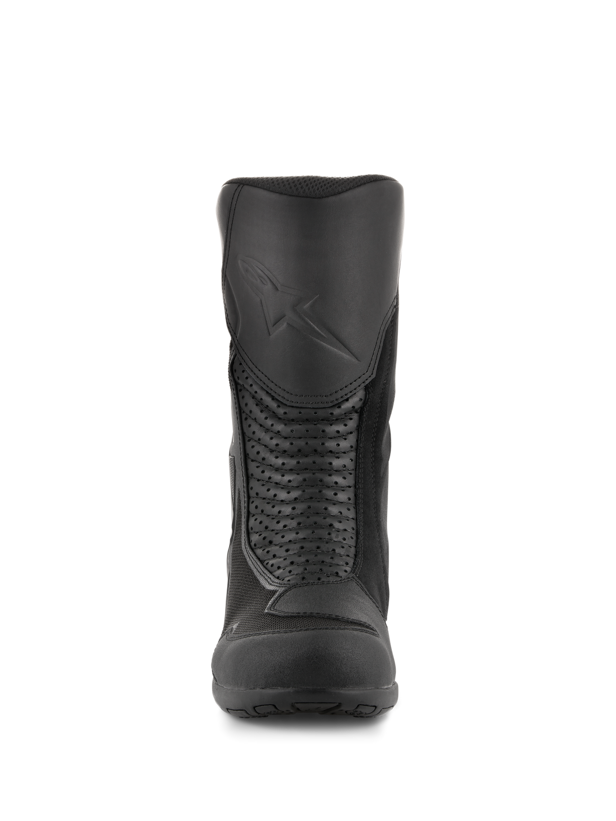 Alpinestars Air Plus V2 GORE-TEX Boots, Motorcycle Touring Boots, Black, front view showing the molded shin protector with embossed logo, perforated leather accordion panels for flexibility, and breathable mesh inserts.