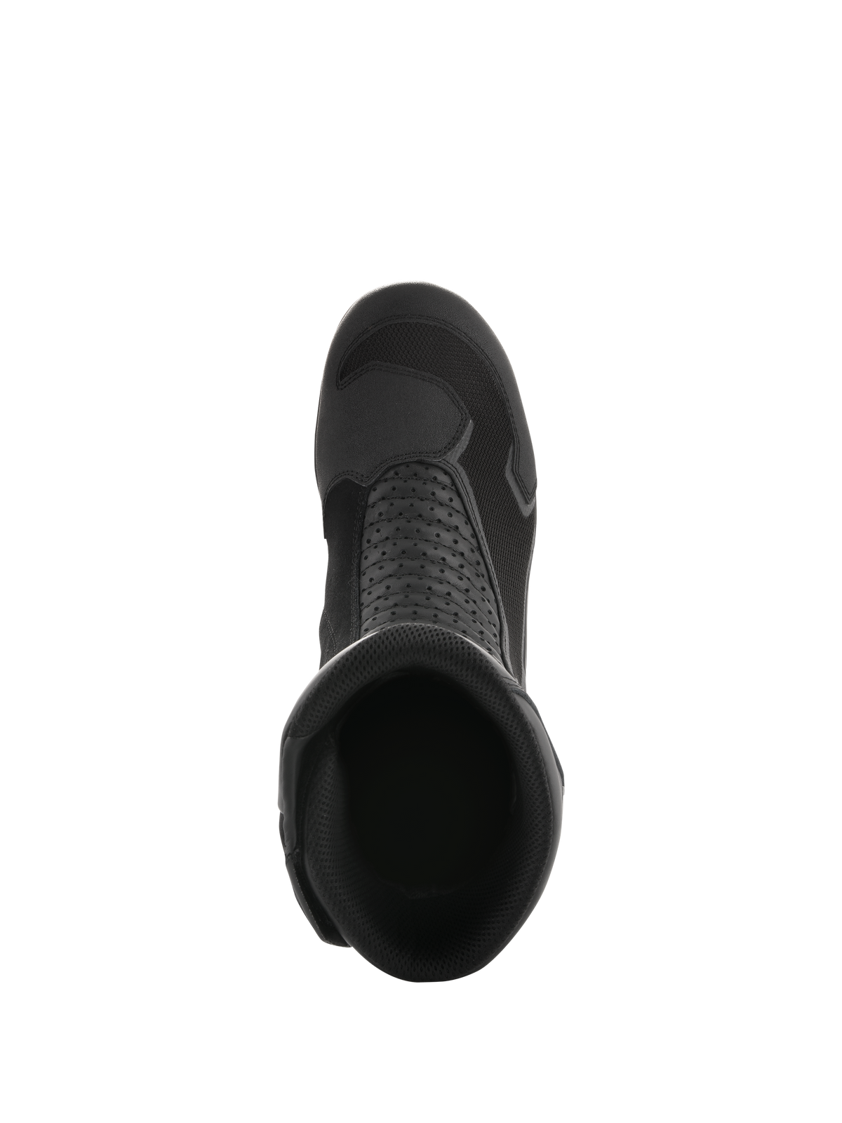 Alpinestars Air Plus V2 GORE-TEX Boots, Black, top-down view looking into the boot opening, showcasing the breathable mesh construction, perforated leather panels, and streamlined design for motorcycle touring.