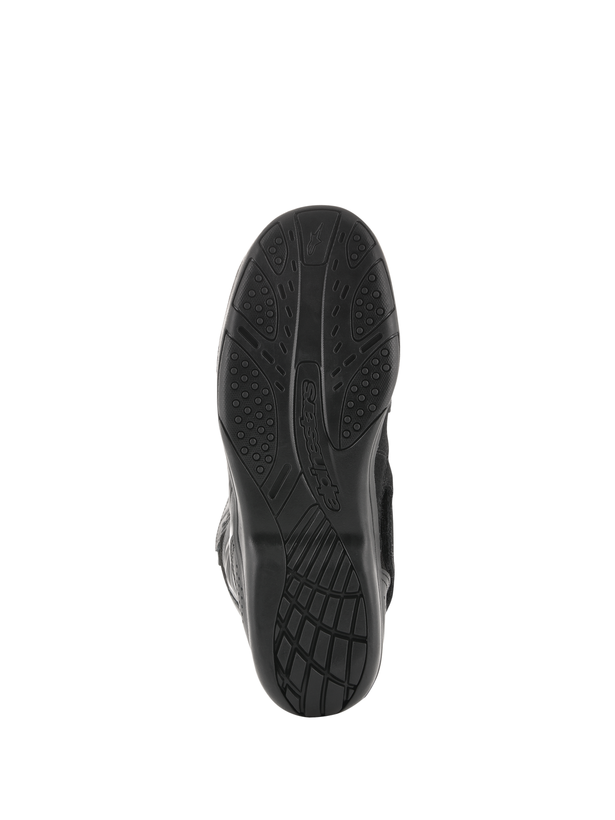 Alpinestars Air Plus V2 GORE-TEX Boots, Motorcycle Touring Boots, Black, bottom sole view showing the exclusive compound rubber tread pattern for grip and comfort, features Alpinestars logo branding