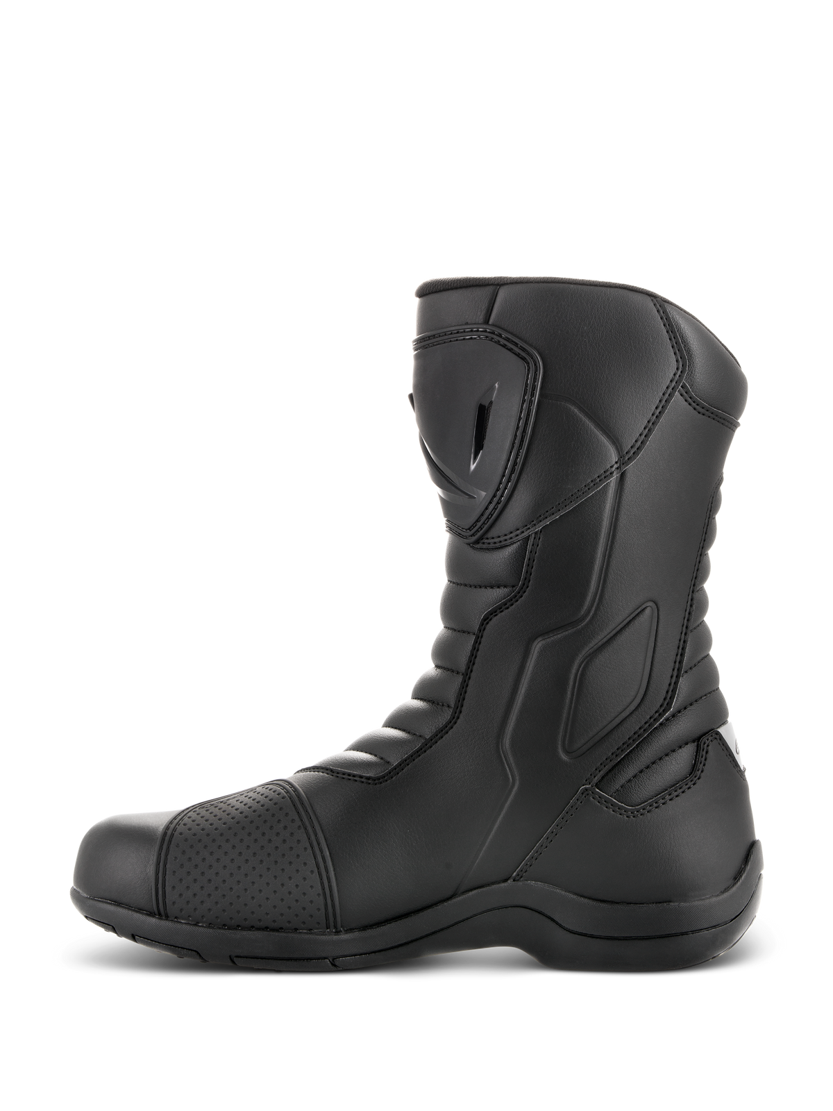 Alpinestars Radon Drystar® Boots, Motorcycle Touring Boots, Black, side profile view featuring TPU shin plate and shift pad, accordion flex zones, durable microfiber construction for adventure riding
