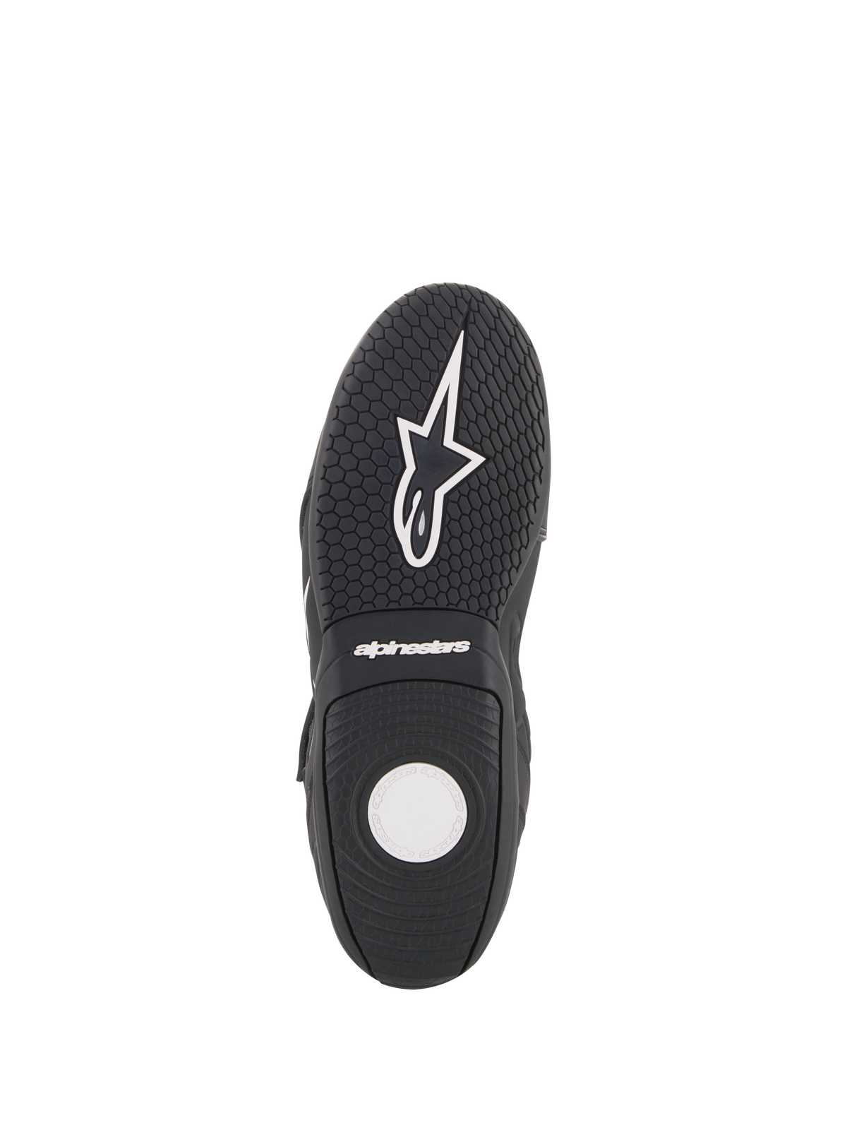Alpinestars Fastback 2 Drystar® Waterproof Shoes, Motorcycle Riding Shoes, Black and White, sole view showing textured rubber outsole, hexagonal grip pattern, and white Alpinestars branding