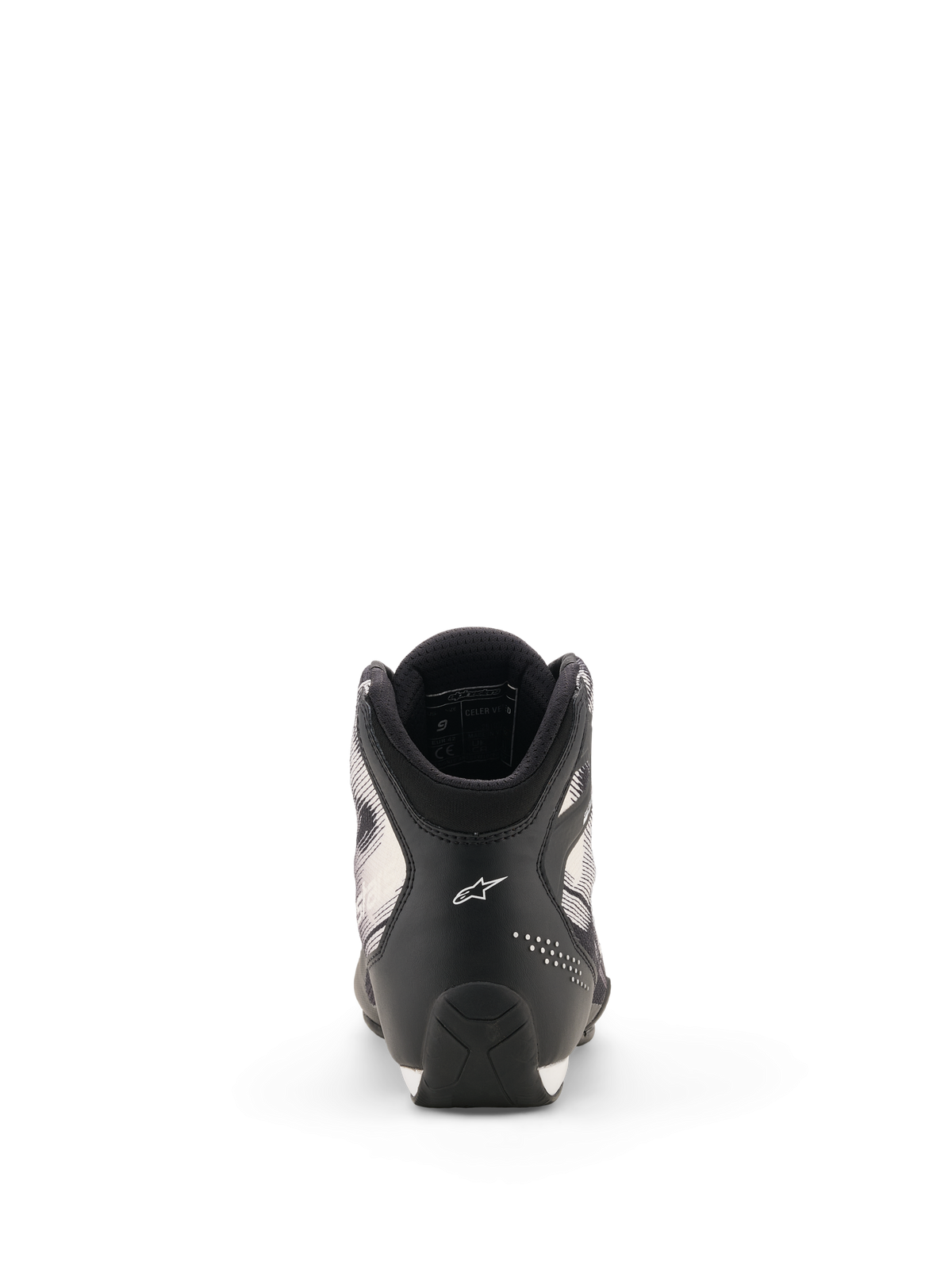 Alpinestars Celer Superair Shoes, Motorcycle Riding Shoes, Black and White, rear view showing the heel with white Astar logo, perforated accents, and textured sole design