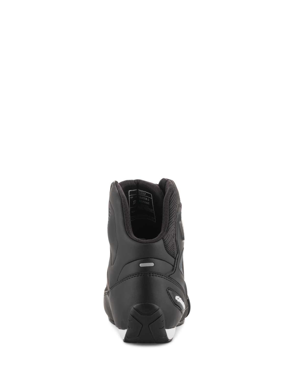Alpinestars Faster-3 Rideknit® Shoes, Black Motorcycle Riding Shoes, rear view showing TPR heel counter and microfiber construction, sleek and protective road racing footwear