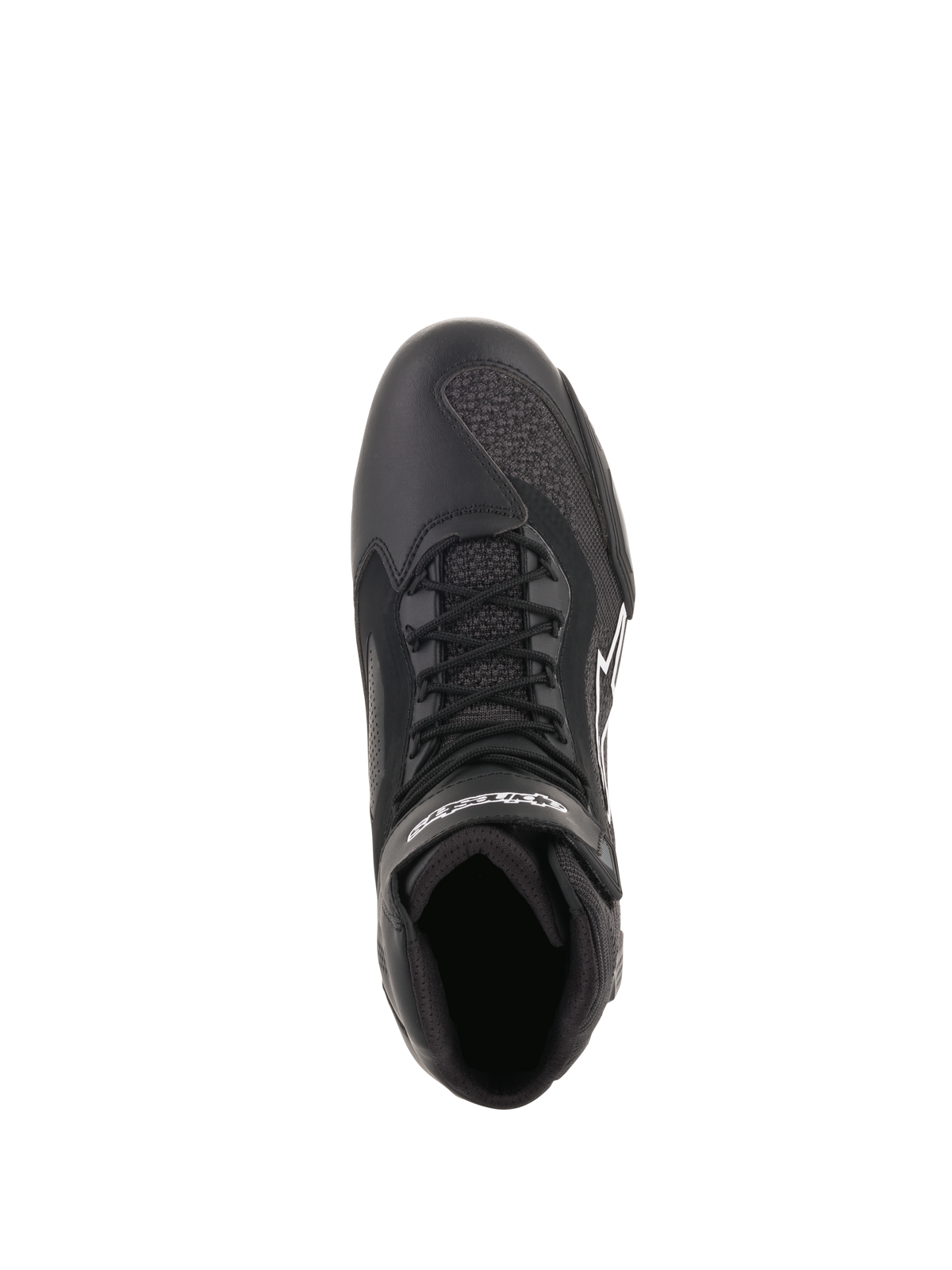 Alpinestars Faster-3 Rideknit® Shoes, Black, top-down view showing laces and breathable mesh panels, lightweight microfiber and knit construction, performance motorcycle footwear