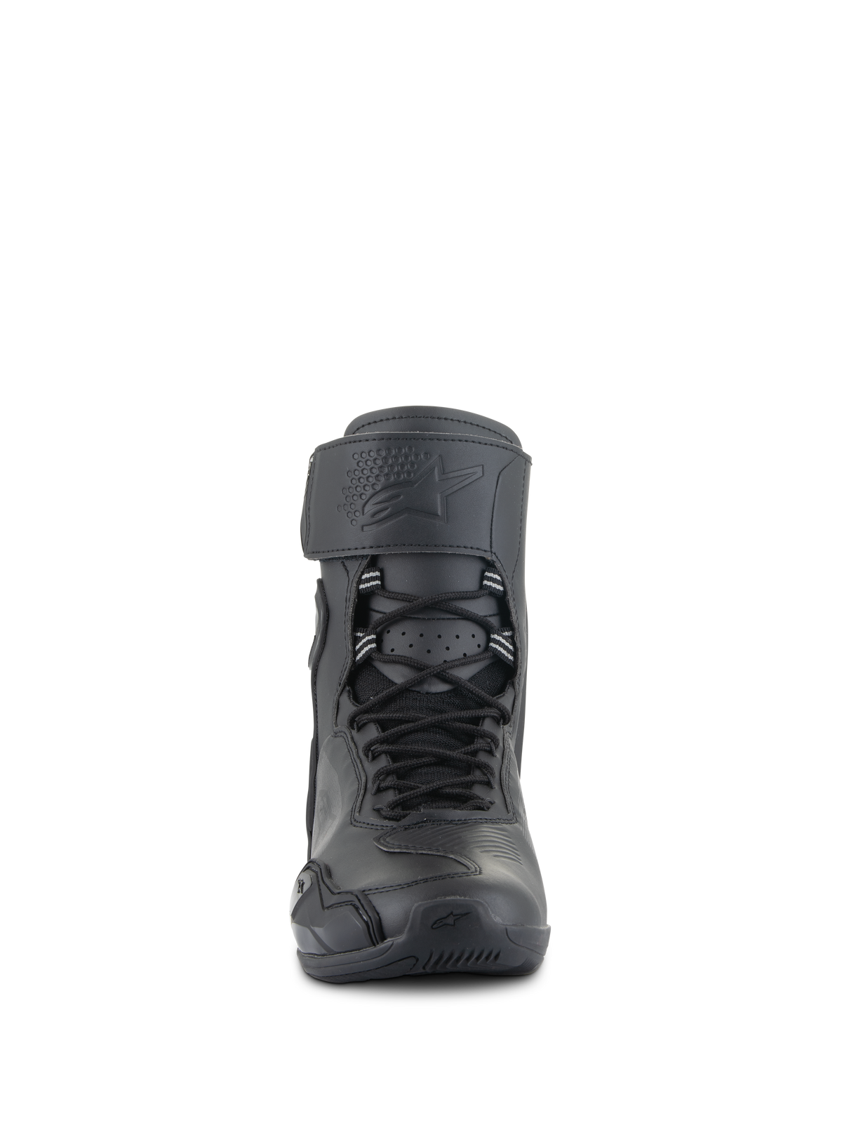Alpinestars Superfaster Riding Shoes, Black Black, front view of tall motorcycle footwear featuring a speed lace system, wide top strap with embossed logo, and streamlined protective design
