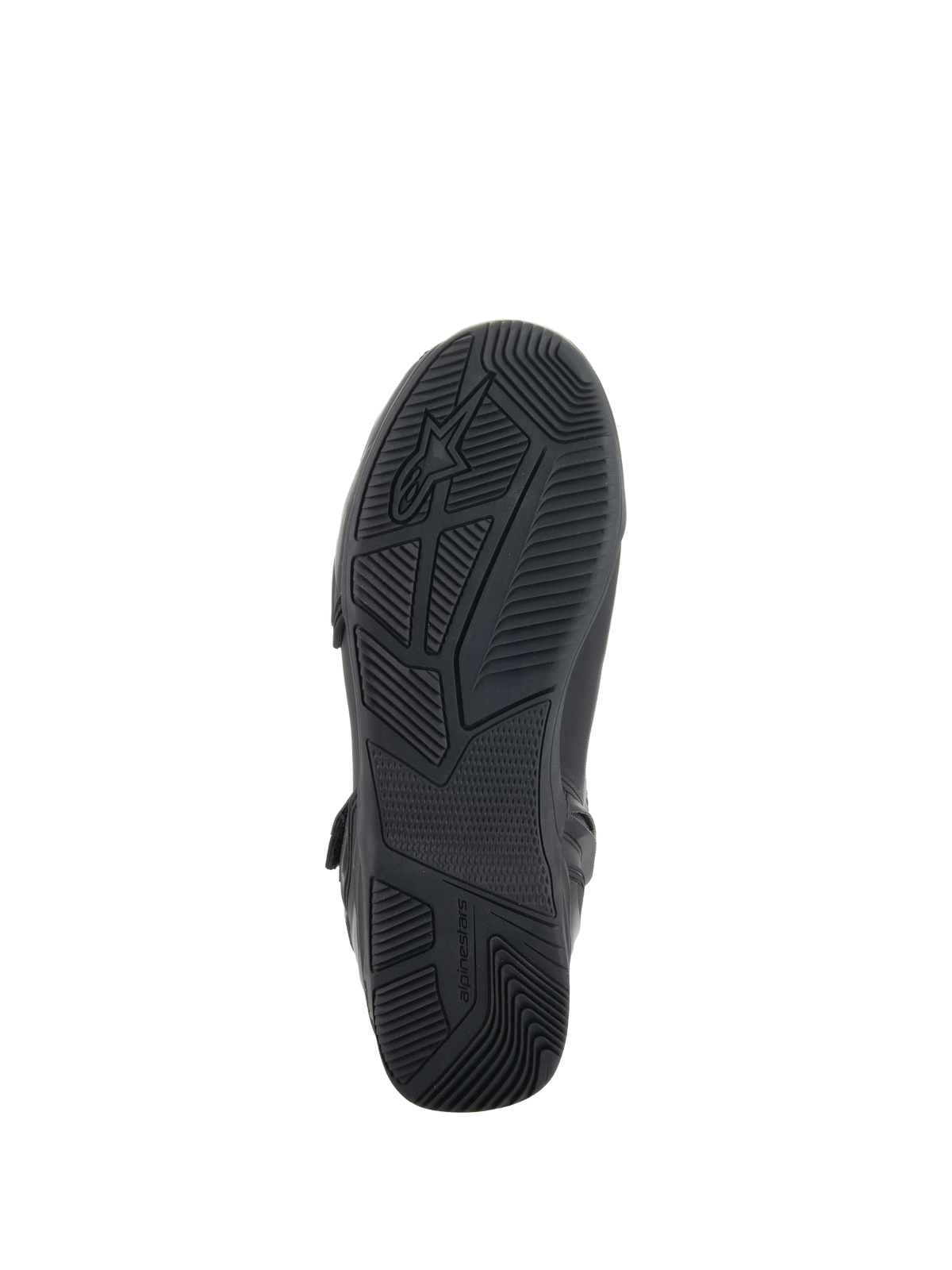 Alpinestars Superfaster Shoes, Black, bottom view showing the rubber sole with engineered grip and tread patterns, featuring the Alpinestars logo and branding, designed for motorcycle riding stability.
