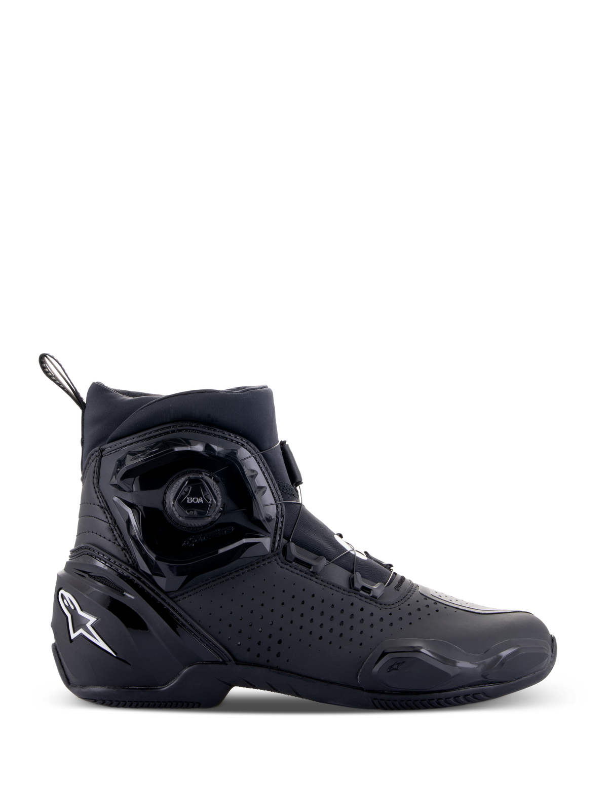 Alpinestars SP-2 Riding Shoes, Sport Motorcycle Riding Shoes, Black, featuring BOA speed closure system, perforated microfiber construction, white Astar logo on the heel, sleek profile for road riding