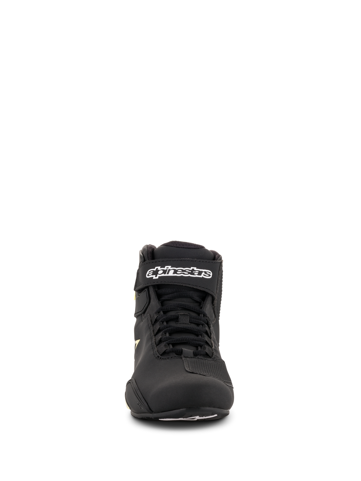 Alpinestars Sektor Shoes, Motorcycle Riding Shoes, Black and Yellow Fluo, front view featuring speed lacing system, ankle strap with white branding, and lightweight microfiber construction