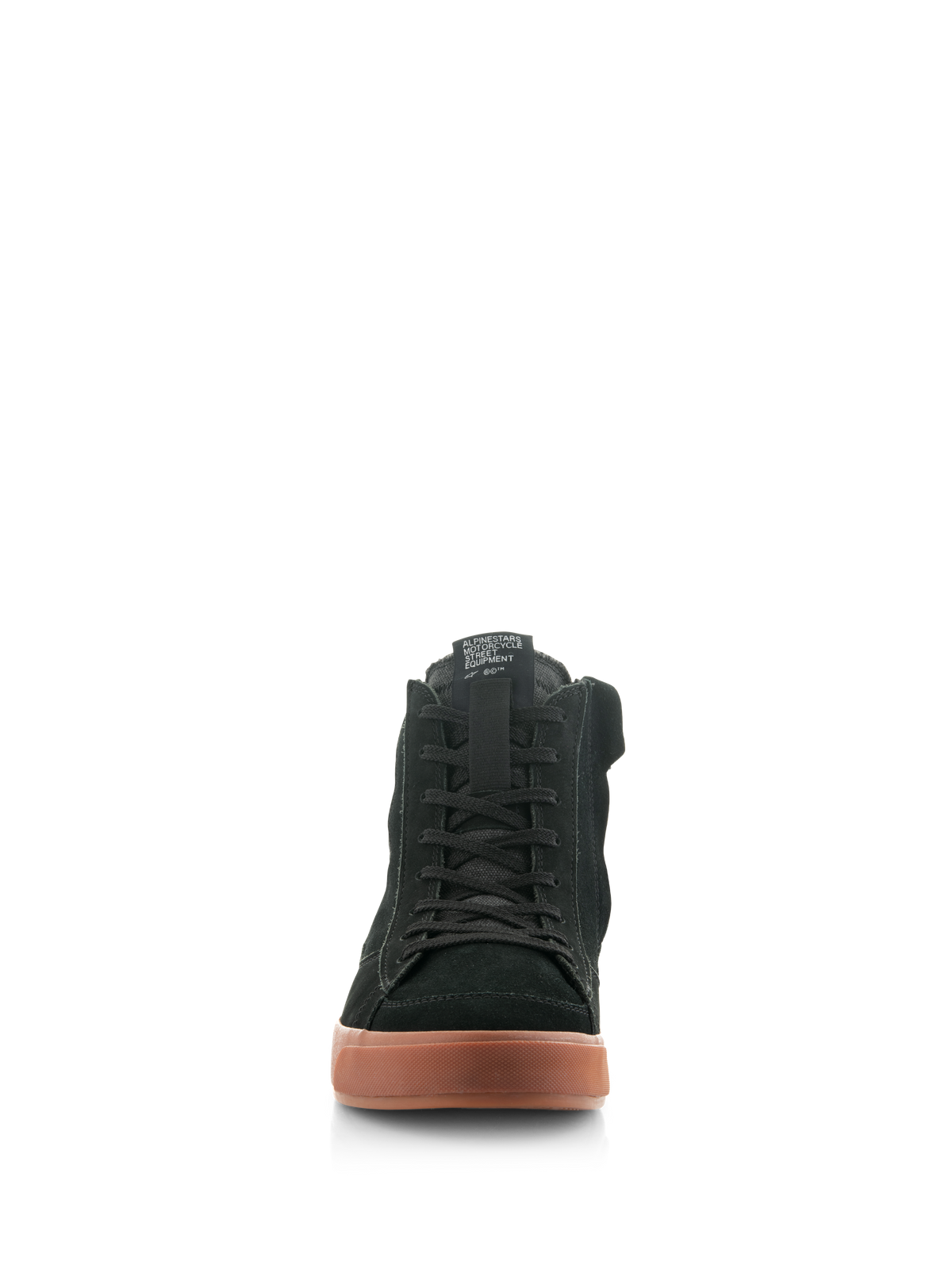 Alpinestars Stated Shoes, Urban Motorcycle Riding Shoes, Black Gum, front view featuring black nubuck and suede upper, classic laces, and textured gum sole, skate-inspired protective footwear