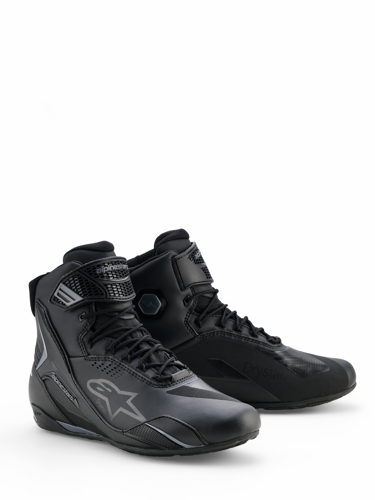 Alpinestars Faster-4 Drystar® Shoes, Black Cool Gray motorcycle riding shoes, high-top design with lace closure and adjustable ankle strap, featuring the iconic star logo and Drystar branding, durable and waterproof sports footwear
