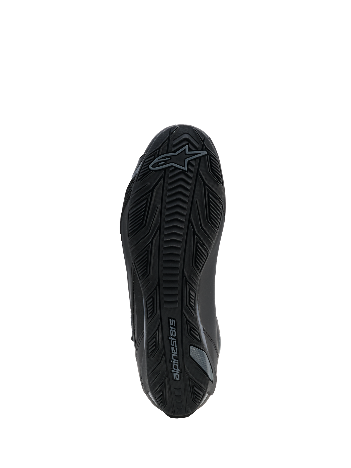 Alpinestars Faster-4 Drystar® Shoes, Black Cool Gray, underside view showing the textured rubber sole with grip pattern and Alpinestars logo, reinforced design for stability and traction.