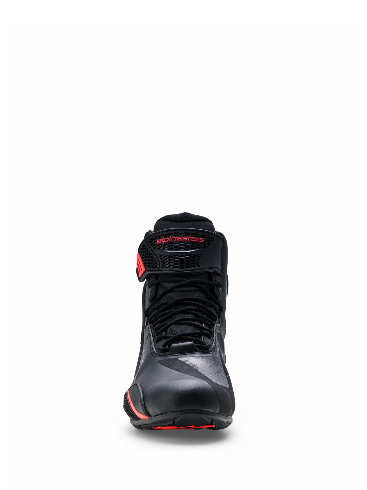 Alpinestars Faster-4 Drystar® Shoes, Black with Rio Red and Red Fluo accents, front view showing the lace-up closure and hook-and-loop ankle strap with red branding, waterproof motorcycle riding footwear with a reinforced toe and sporty design