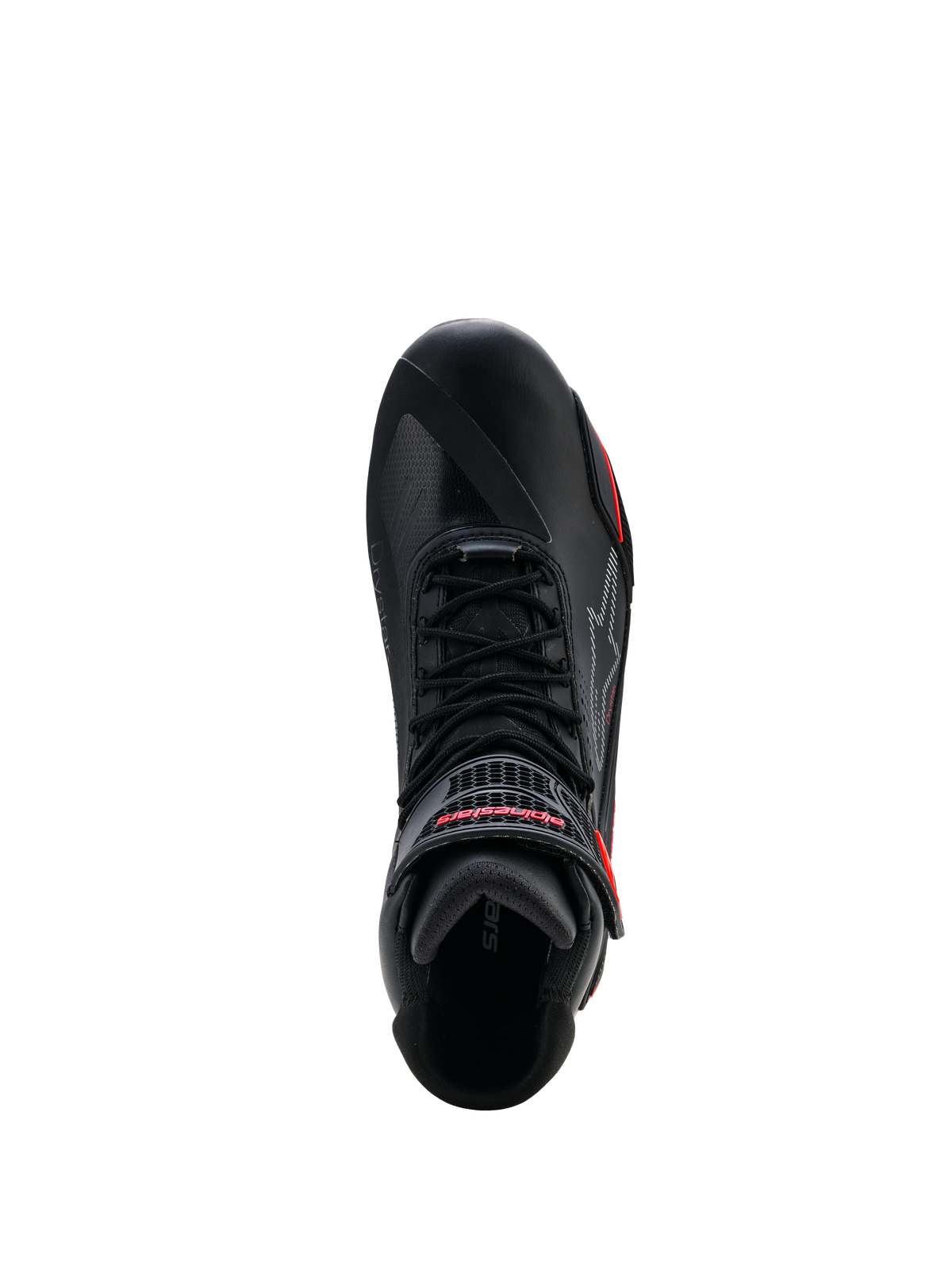 Alpinestars Faster-4 Drystar® Shoes, Black with Rio Red and Red Fluo accents, top-down view showing lace-up system and hook-and-loop strap with red branding, waterproof motorcycle riding footwear