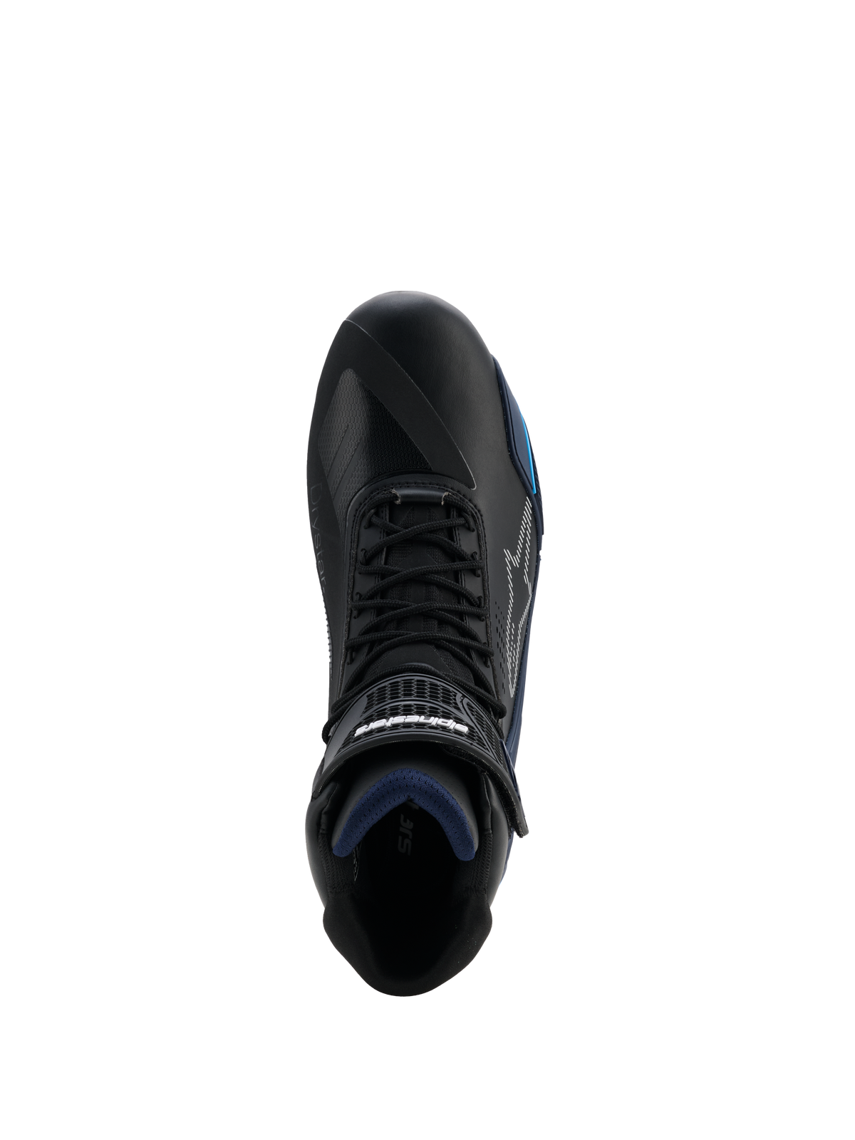 Alpinestars Faster-4 Drystar® Shoes, Top-down view of black motorcycle shoe, featuring Black Night Navy Cyan accents, lace closure with hook and loop strap, waterproof microfiber construction, sport road riding footwear