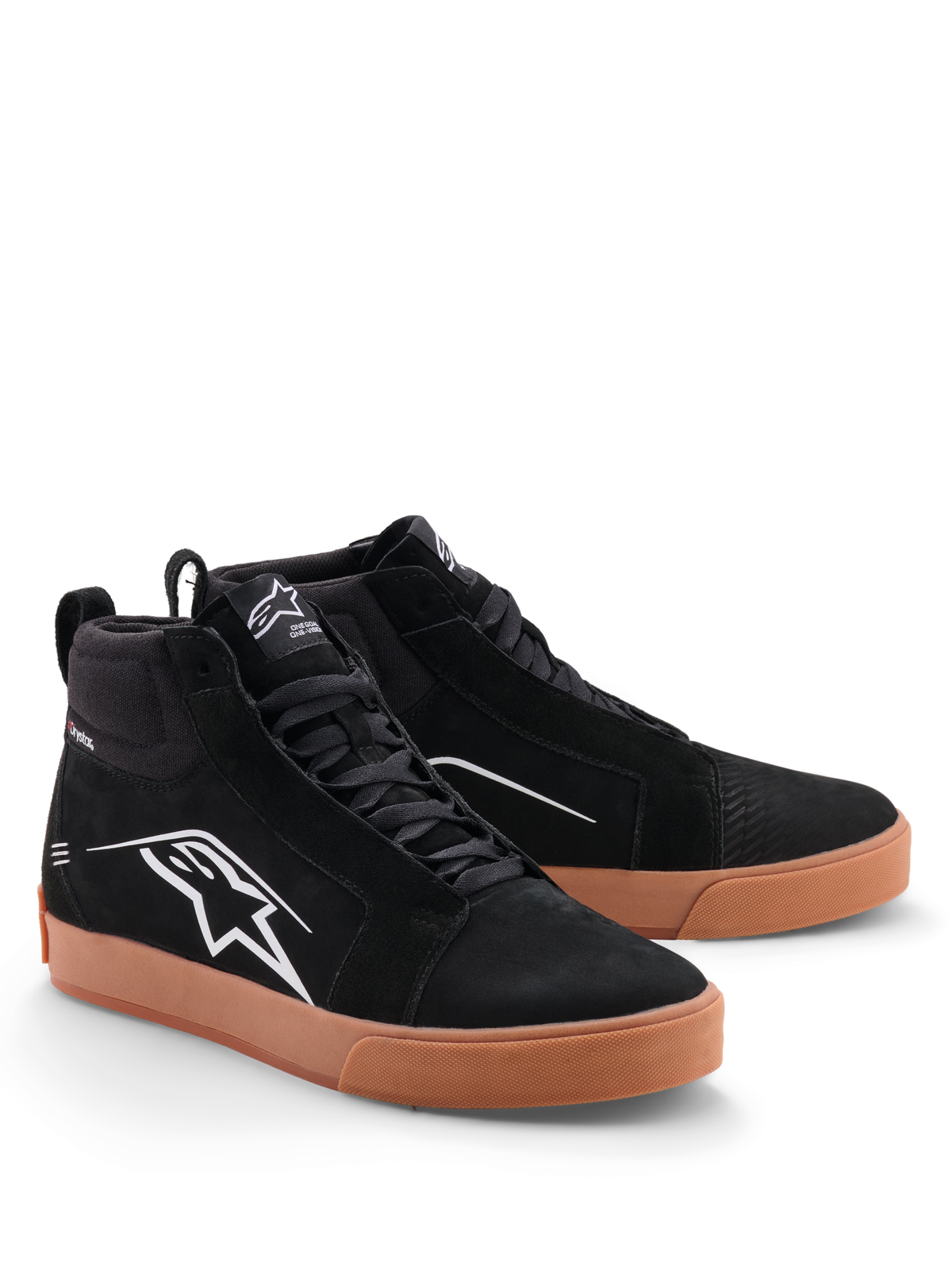 Alpinestars Ride 63 Drystar Shoes, urban motorcycle riding shoes in black and gum with white logo detailing, waterproof membrane and CE certified protection