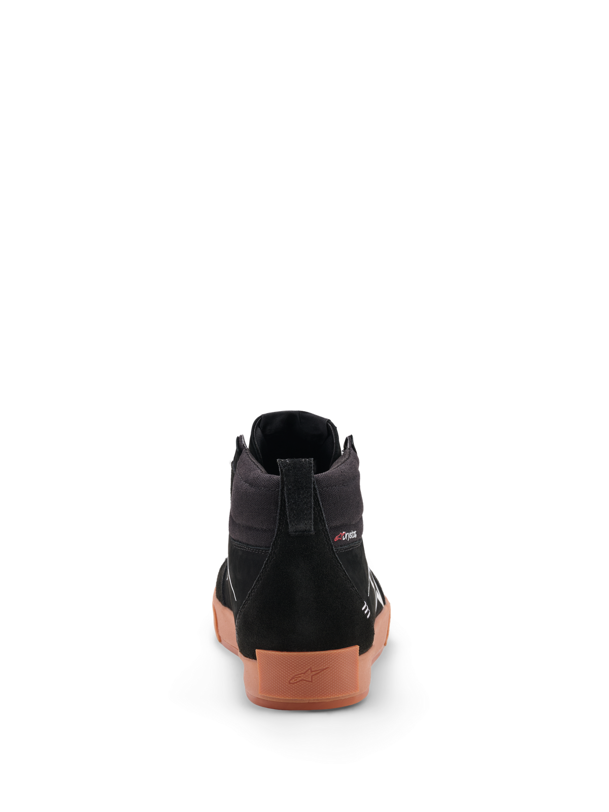 Alpinestars Ride 63 Drystar Shoes, urban motorcycle riding shoes, Black and Gum, rear view highlighting the split suede heel panel, vulcanized rubber sole, and CE-certified protection