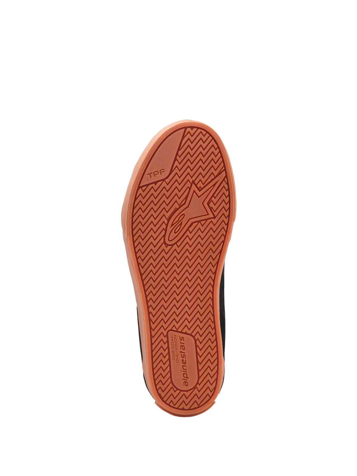 Alpinestars Ride 63 Drystar Shoes, motorcycle riding shoes sole, Black and Gum, showing textured vulcanized rubber tread pattern, TPF protection frame branding, and Alpinestars logo, close-up view