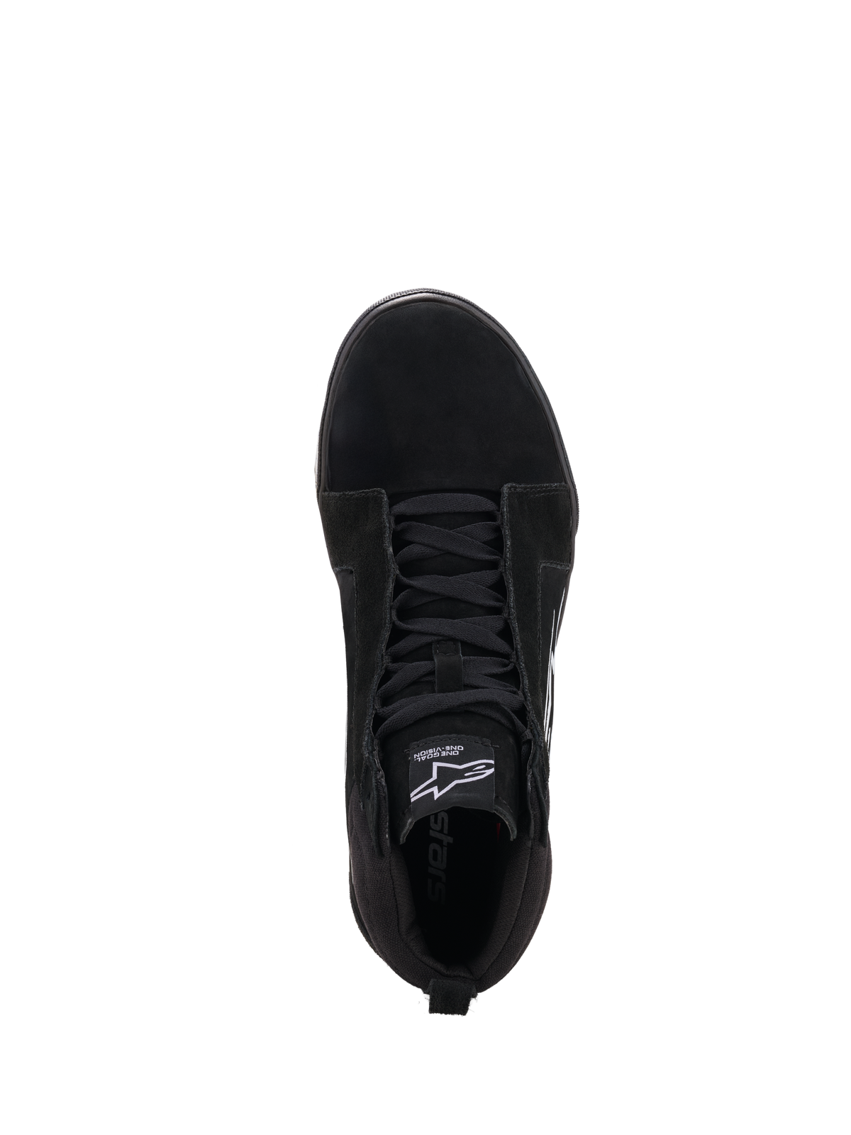 Alpinestars Ride 63 Drystar Shoes, Black and Light Gray, top-down view of CE certified waterproof urban riding shoes with lacing and Alpinestars tongue logo