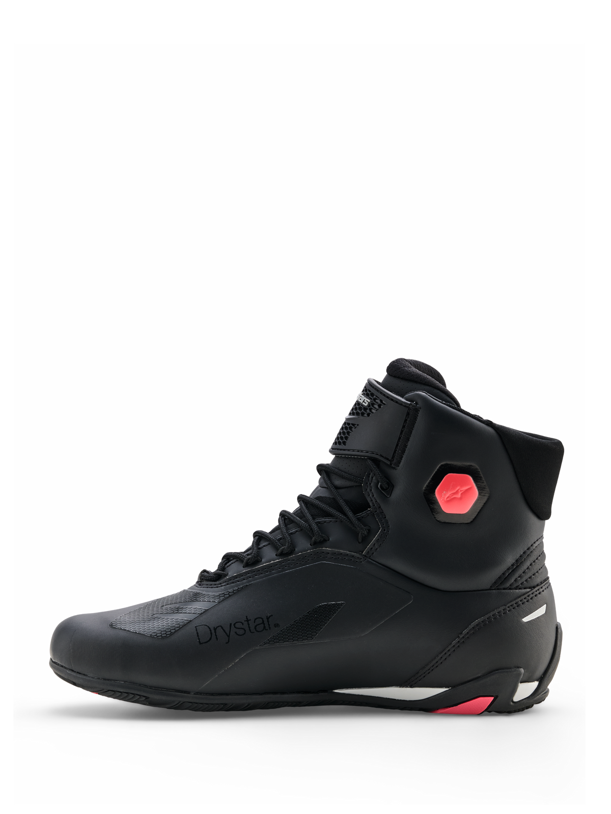 Alpinestars Stella Faster-4 Drystar® Shoes, Women's Motorcycle Riding Shoes, Black and Coral Fluo, side profile view showing seamless microfiber upper, lace-up closure, and coral ankle protection detail