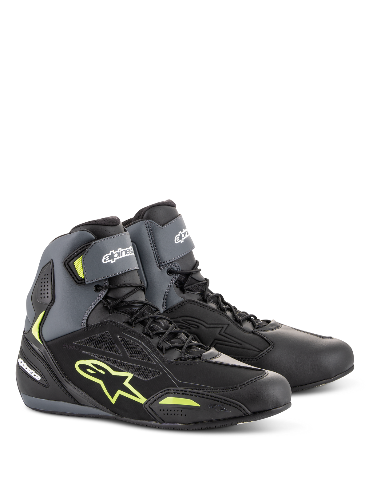 Alpinestars Faster-3 Drystar® Riding Shoes, waterproof motorcycle footwear in black, gray, and yellow fluo.