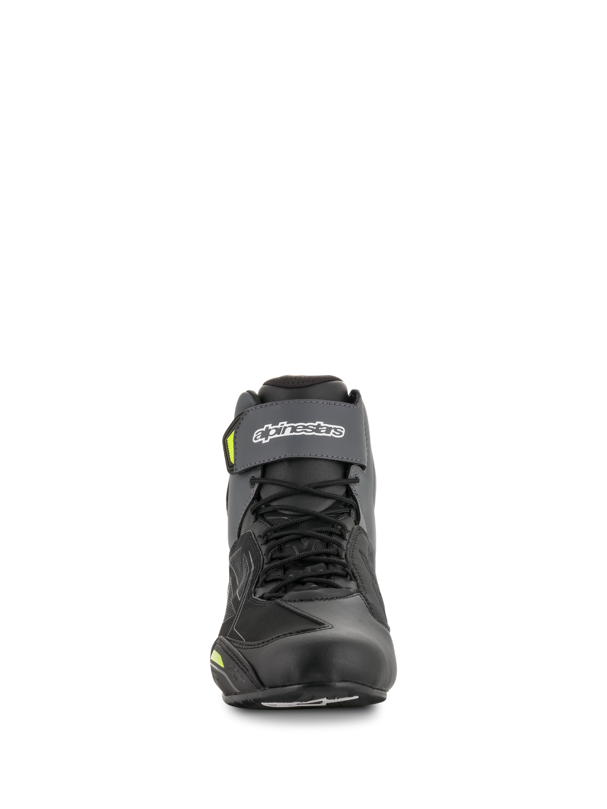 Alpinestars Faster-3 Drystar® Riding Shoes, Waterproof Motorcycle Road Racing Shoes, Black and Gray with Yellow Fluo accents.