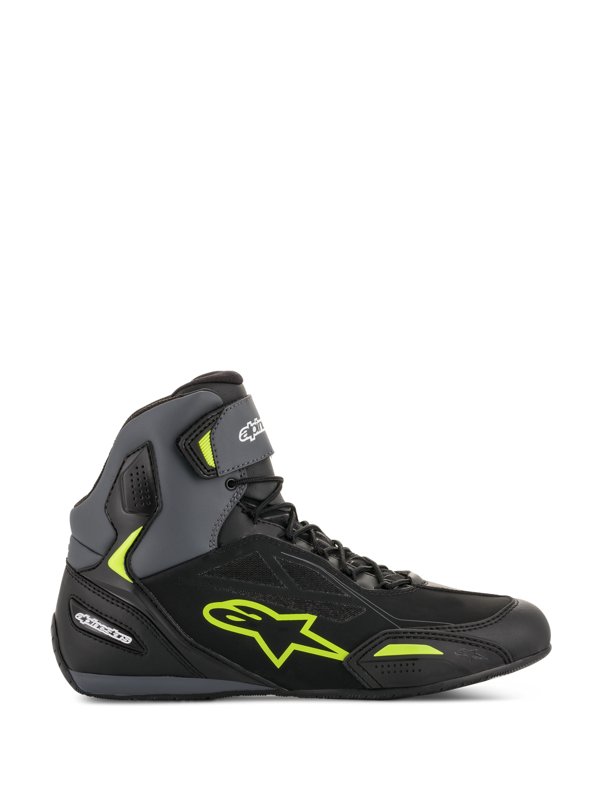 Alpinestars Faster-3 Drystar® Riding Shoes, waterproof motorcycle road shoes for urban performance, Black and Yellow Fluo, lightweight microfiber construction.
