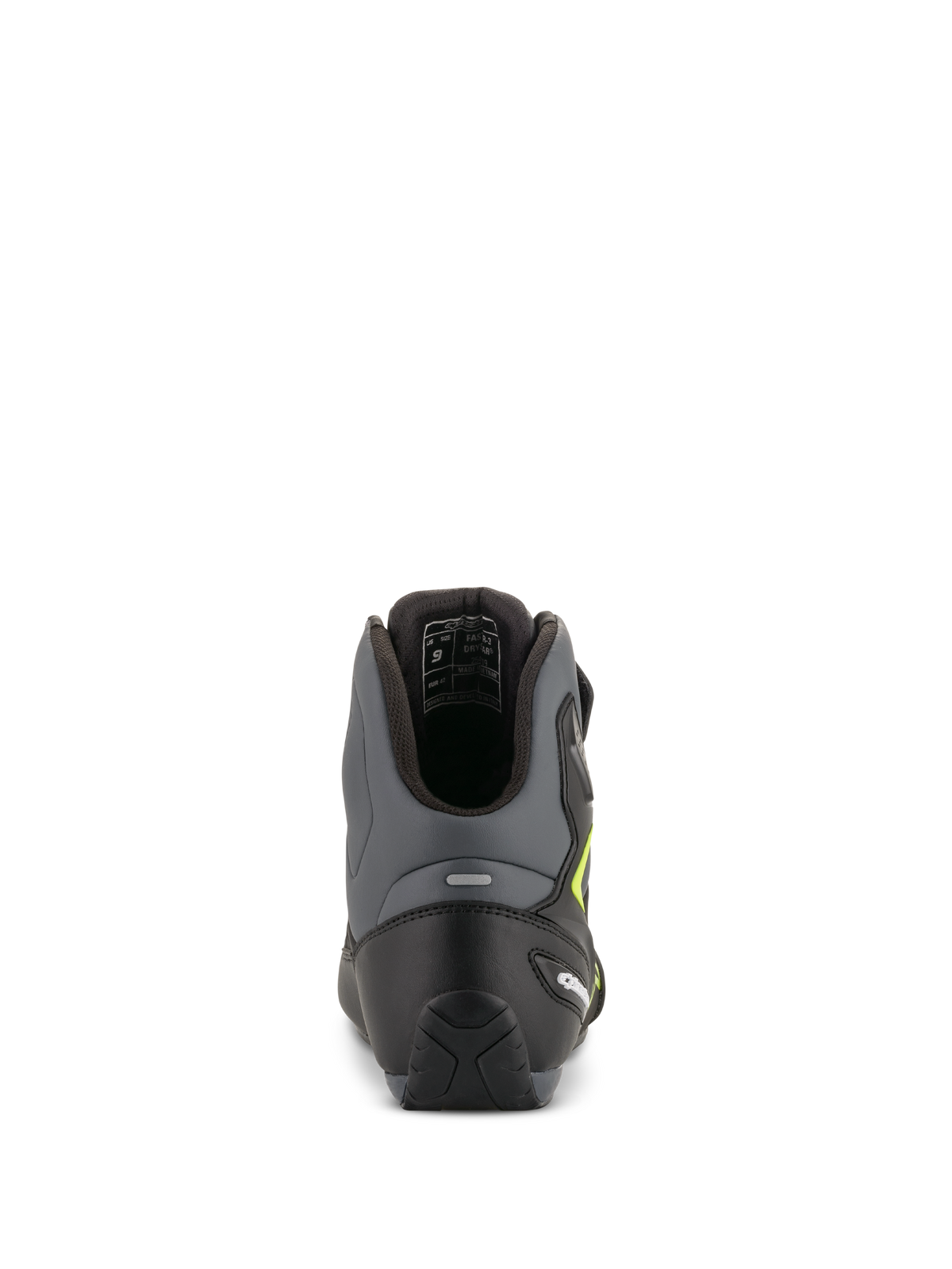 Alpinestars Faster-3 Drystar Riding Shoes, motorcycle road racing shoes, men's, black and gray, waterproof, rear view.