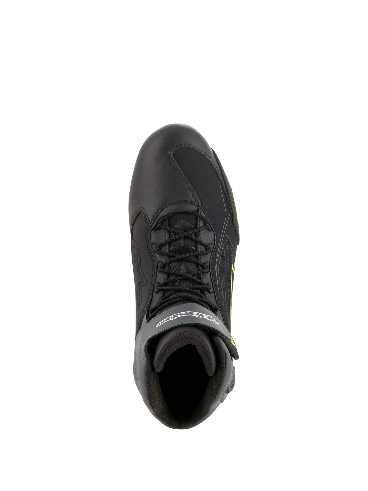 Alpinestars Faster-3 Drystar Riding Shoes, top-down view of waterproof road motorcycle footwear in Black, Gray, and Yellow Fluo.