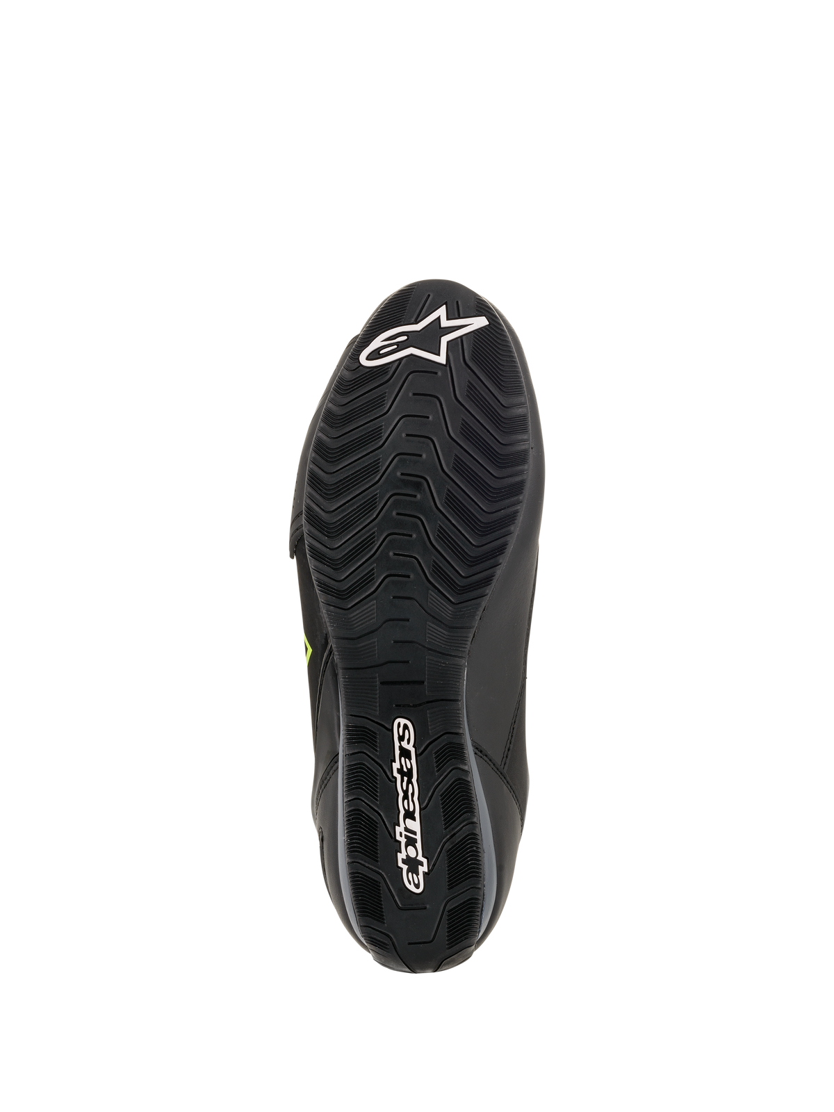 Alpinestars Faster-3 Drystar Riding Shoes, waterproof motorcycle gear, black rubber sole with textured grip and white logos.