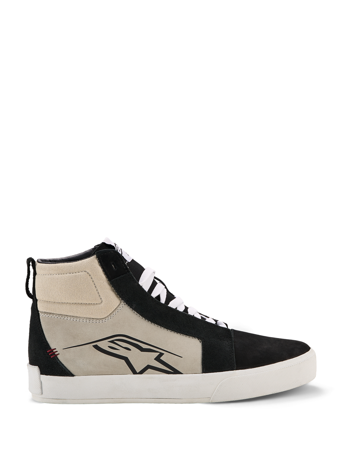 Alpinestars Ride-63 Leather Shoes, High-Top Motorcycle Sneaker, Black, Cool Gray and White, Side Profile with Black A-star Logo, White Vulcanized Sole, Suede Reinforcements, White Laces, Urban Casual Motorsport Footwear