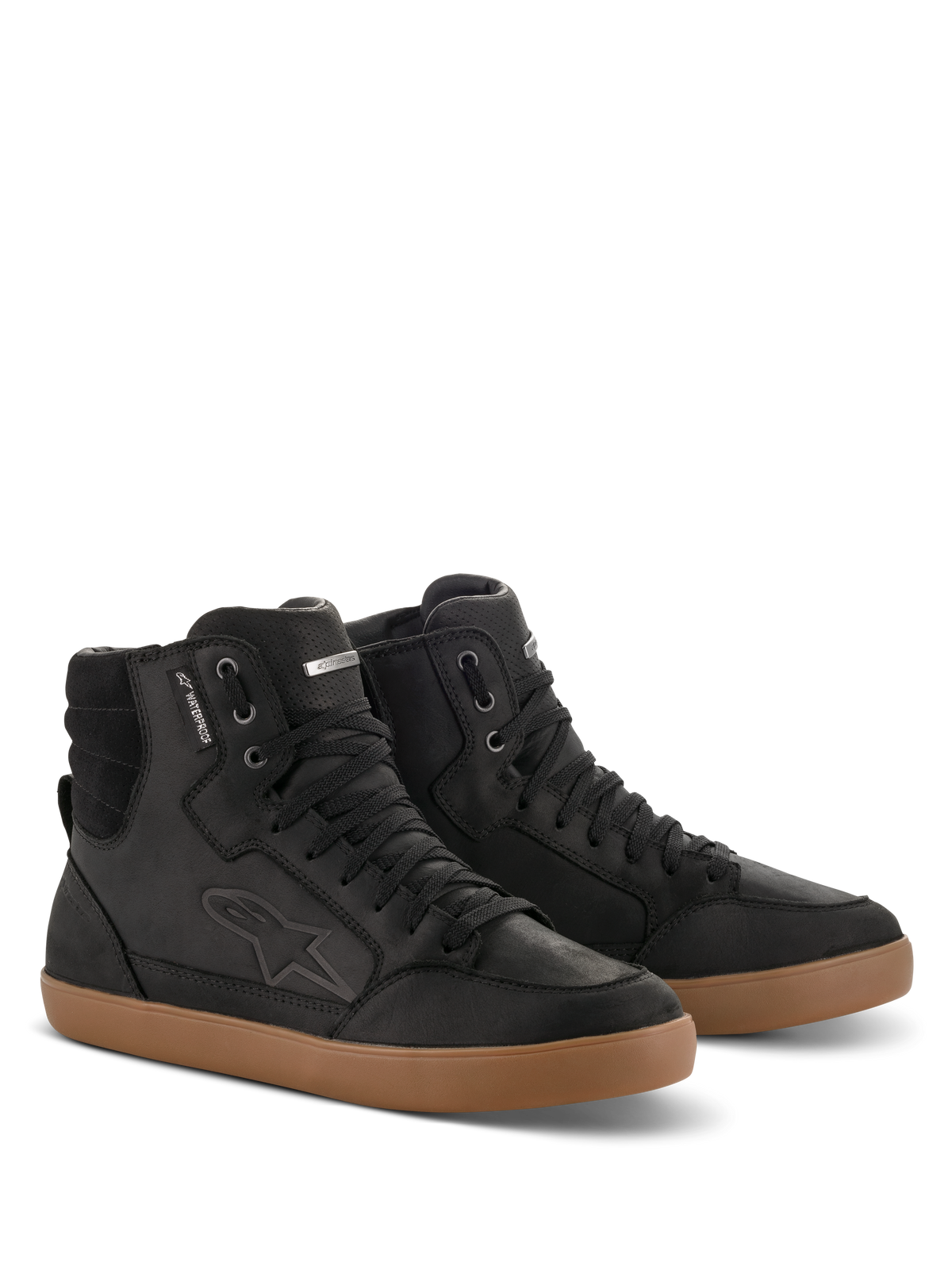 Alpinestars J-6 Waterproof Shoe, Black and Gum, High-top motorcycle riding shoes in premium leather, sneaker-style design with tan gum rubber sole, waterproof tag and embossed logo, urban casual look