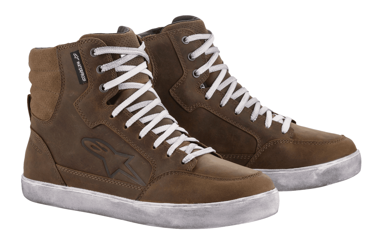 Alpinestars Women's J-6 Waterproof Shoes, brown leather motorcycle sneakers with white laces for urban riding.