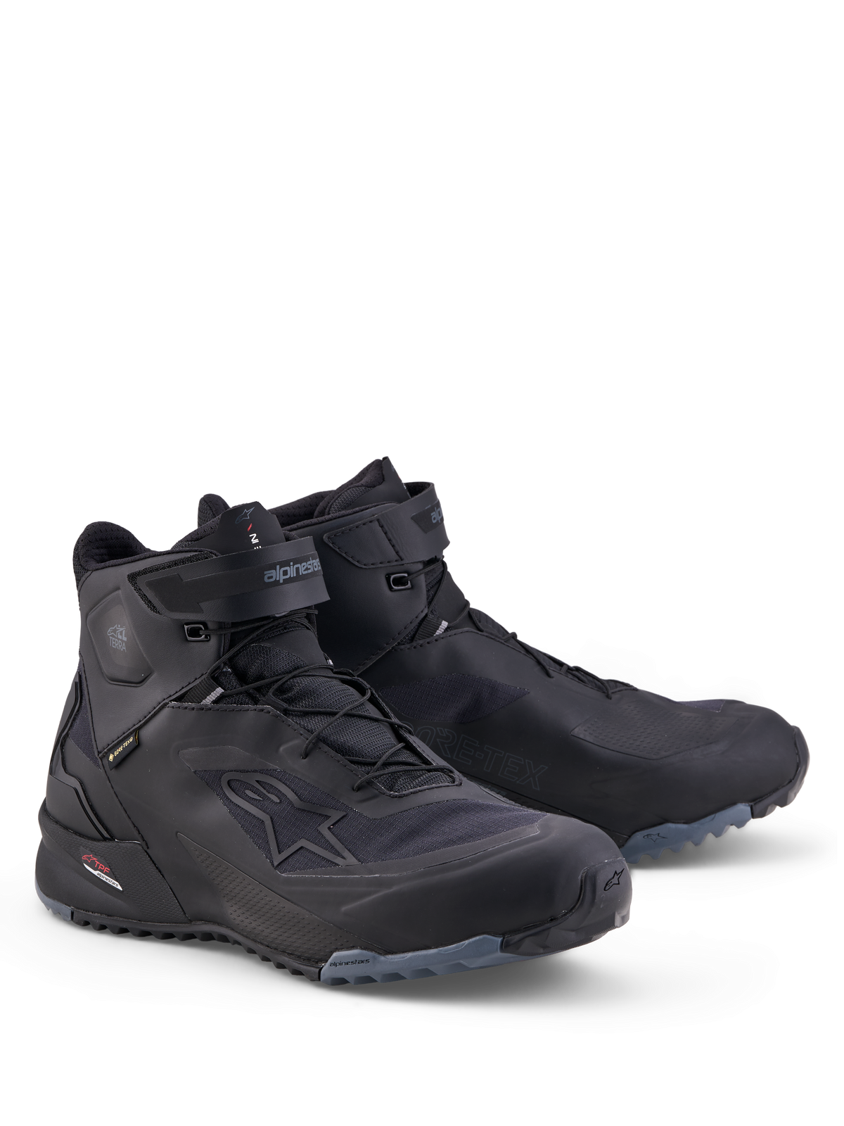 Alpinestars Cr-X Gore-Tex Shoes, motorcycle riding shoes, Black and Dark Gray, waterproof GORE-TEX membrane, adventure low-profile design