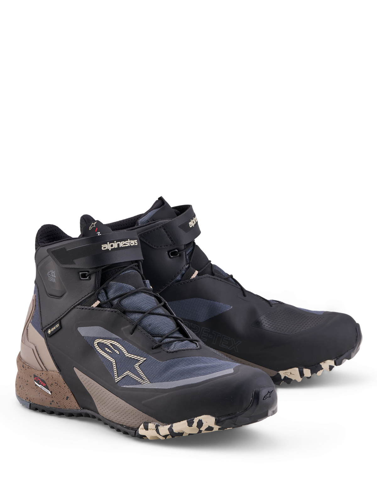 Alpinestars Cr-X Gore-Tex Shoes, motorcycle riding shoes, Black, Dark Gray and Beige, featuring waterproof GORE-TEX membrane and high-top closure