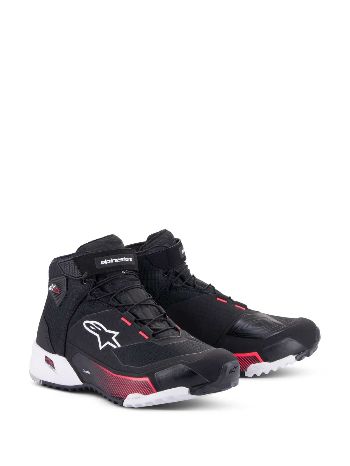Alpinestars CR-X Women's Drystar® Riding Shoes, Motorcycle Riding Shoes, Black White and Diva Pink, front three-quarter view, ripstop upper with white Alpinestars logo, pink accents on the midsole and lace eyelets, sleek and protective design for touring