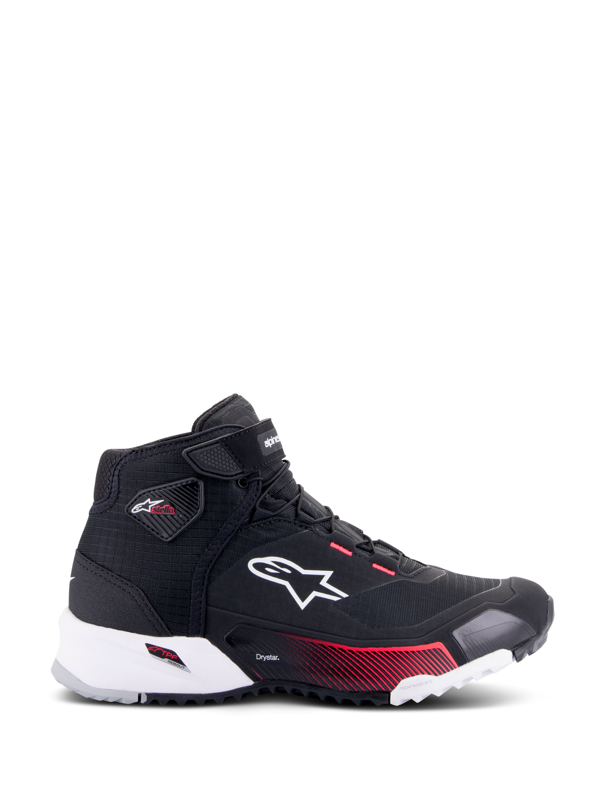 Alpinestars CR-X Women's Drystar® Riding Shoe, Motorcycle Riding Shoe, Black White and Diva Pink, profile view showing white Alpinestars logo, pink gradient accents on the midsole, and Stella branding on the ankle, sleek waterproof sneaker-style design.