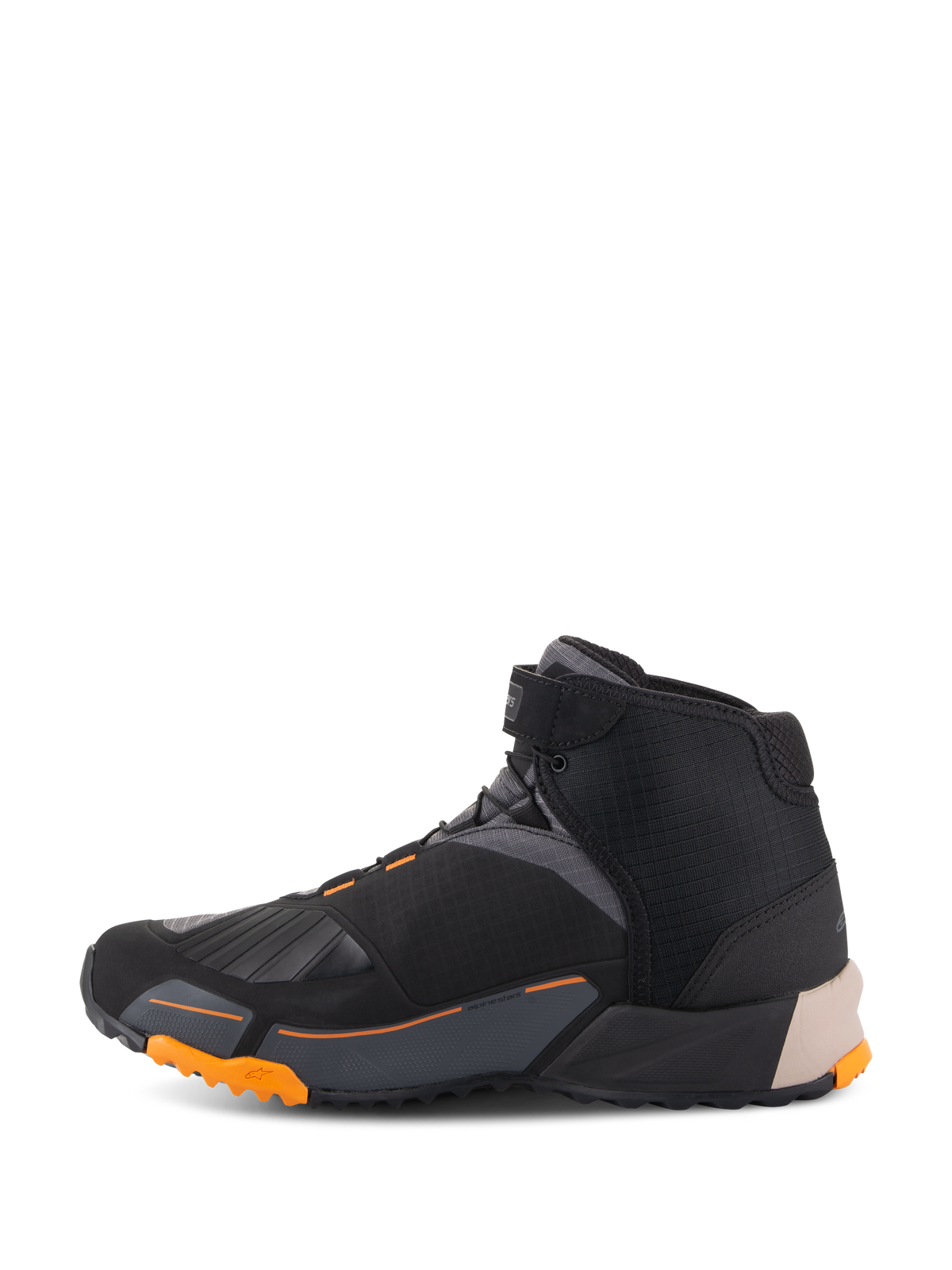 Alpinestars CR-X Drystar® Riding Shoes in Black Light Brown and Orange, side profile view, running shoe-inspired design with a rugged orange sole, waterproof and breathable motorcycle footwear for road and urban riding.
