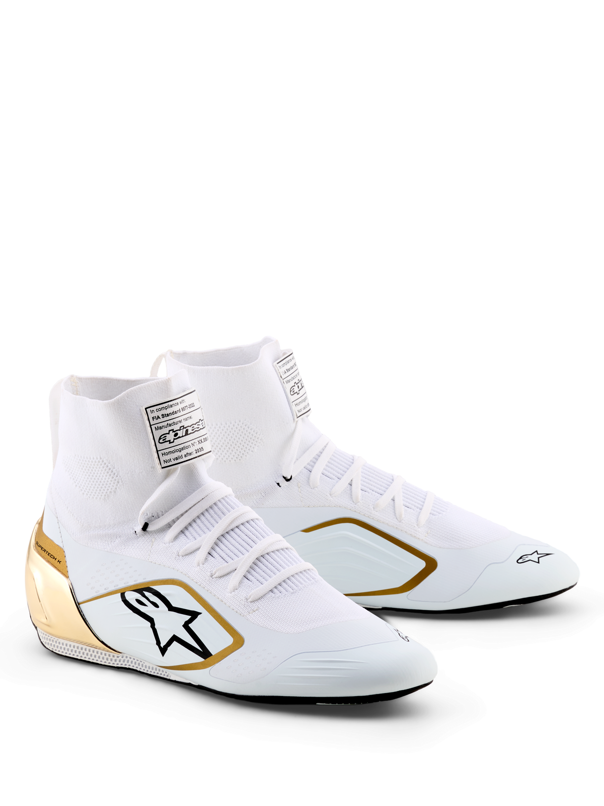 Alpinestars Supertech K Shoes - FIA, Karting Shoes, White Black and Gold, featuring a knitted upper, metallic gold heel counter, black Alpinestars logo with gold border, professional racing footwear for karting
