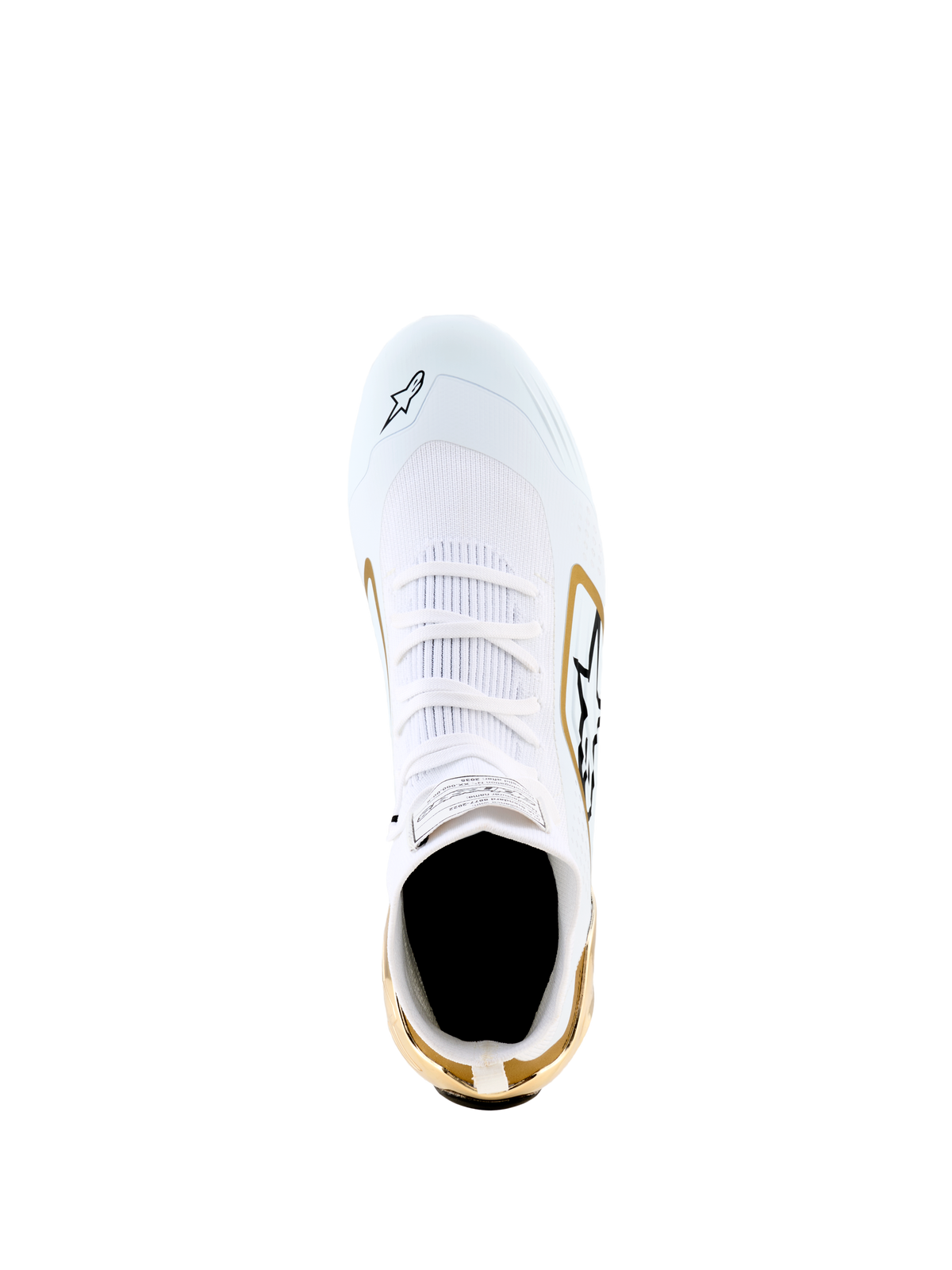 Alpinestars Supertech K Shoes - FIA, White Black Gold, top-down view showing the white knitted upper with gold accents on the heel and sides, black logo detailing, high-performance karting footwear