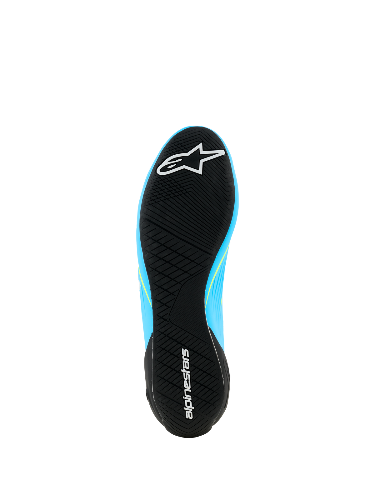 Alpinestars Supertech K Shoes - FIA, Karting Shoes, Light Blue and Black with Yellow Fluo accents, bottom view of the ultra-thin rubber outsole featuring an asymmetric tread and Alpinestars branding