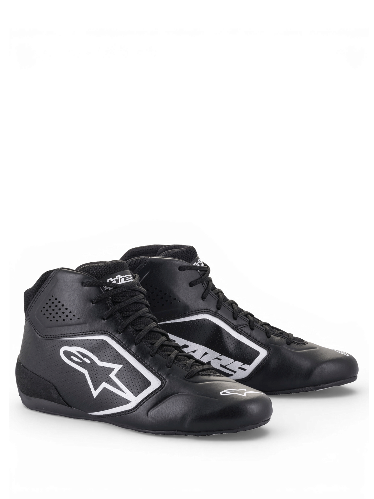 Alpinestars Tech-1 K Start V2 Shoes, Karting Shoes in Black and White, featuring lightweight microfiber upper with perforated ventilation panels and white Astars logo graphics.