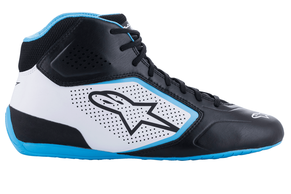 Alpinestars Tech-1 K Start V2 Shoes, Karting Shoes, Black White and Light Blue, side profile view, microfiber upper with laser-cut perforations, prominent Alpinestars logo on the side panel, light blue sole and collar lining