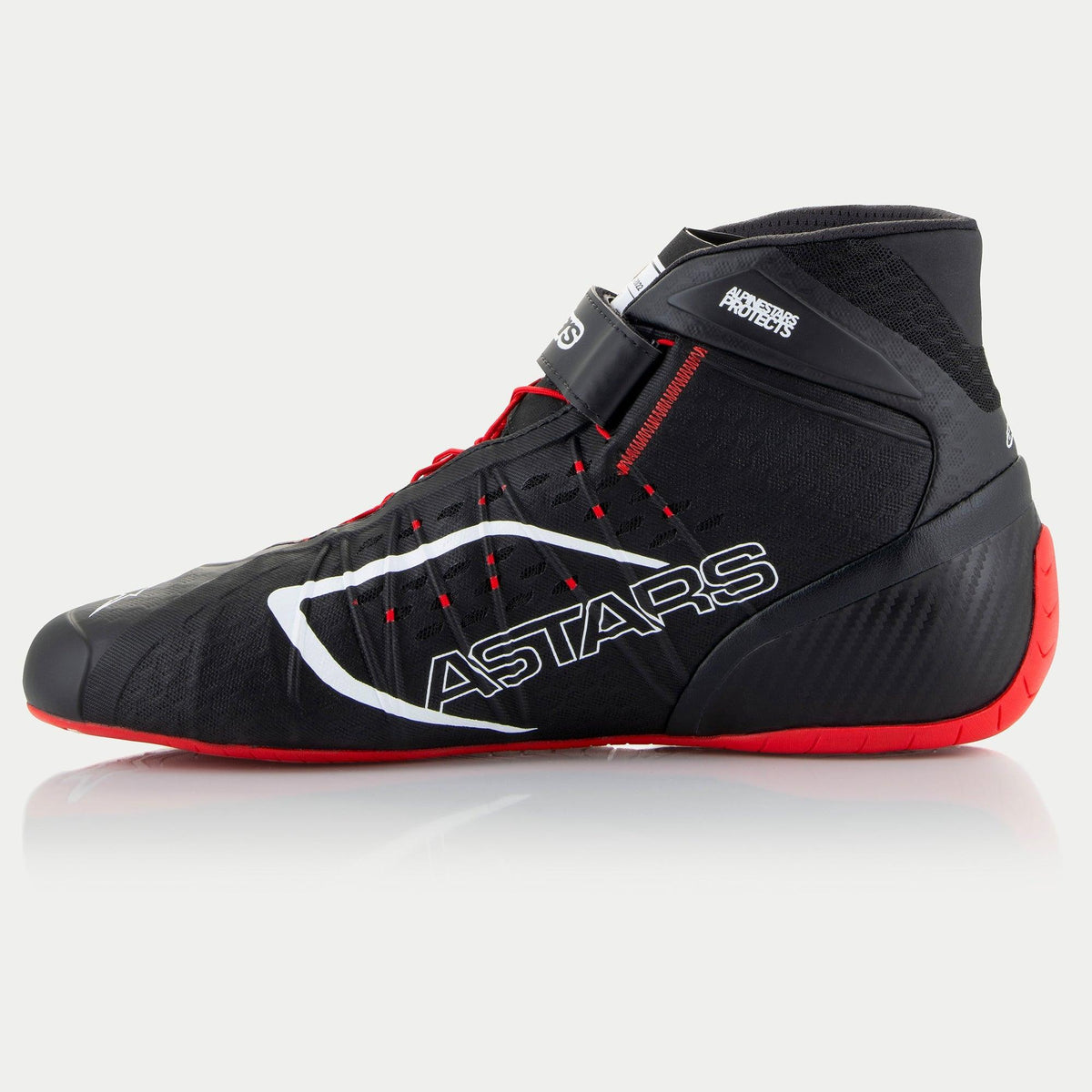 Alpinestars Tech-1 KX V3 Karting Shoes, Black White and Red, side view profile with white ASTARS logo, red outer sole, and laser-cut perforations, professional motorsport footwear for racing
