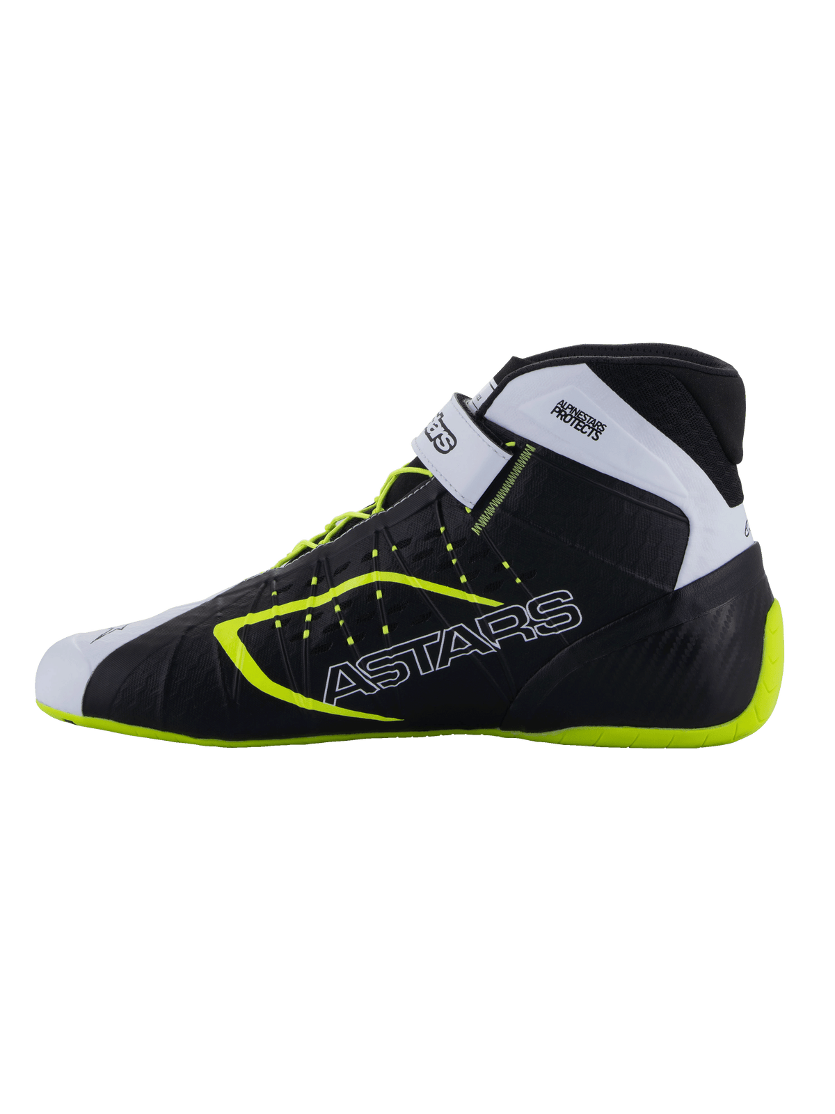 Alpinestars Tech-1 KX V3 Shoes - FIA, Karting Shoes, Black White and Yellow Fluo, sleek profile with side ASTARS branding, adjustable strap and fluorescent accents, lightweight racing footwear