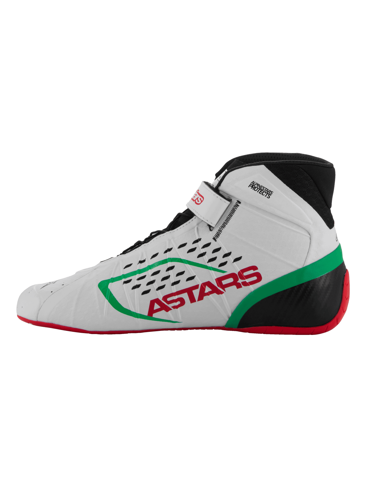 Alpinestars Tech-1 KX V3 Shoes, Karting Footwear, White Green and Red, side profile view, features red ASTARS branding and green stripe, black collar with laser-cut perforations, thin red sole for pedal sensitivity