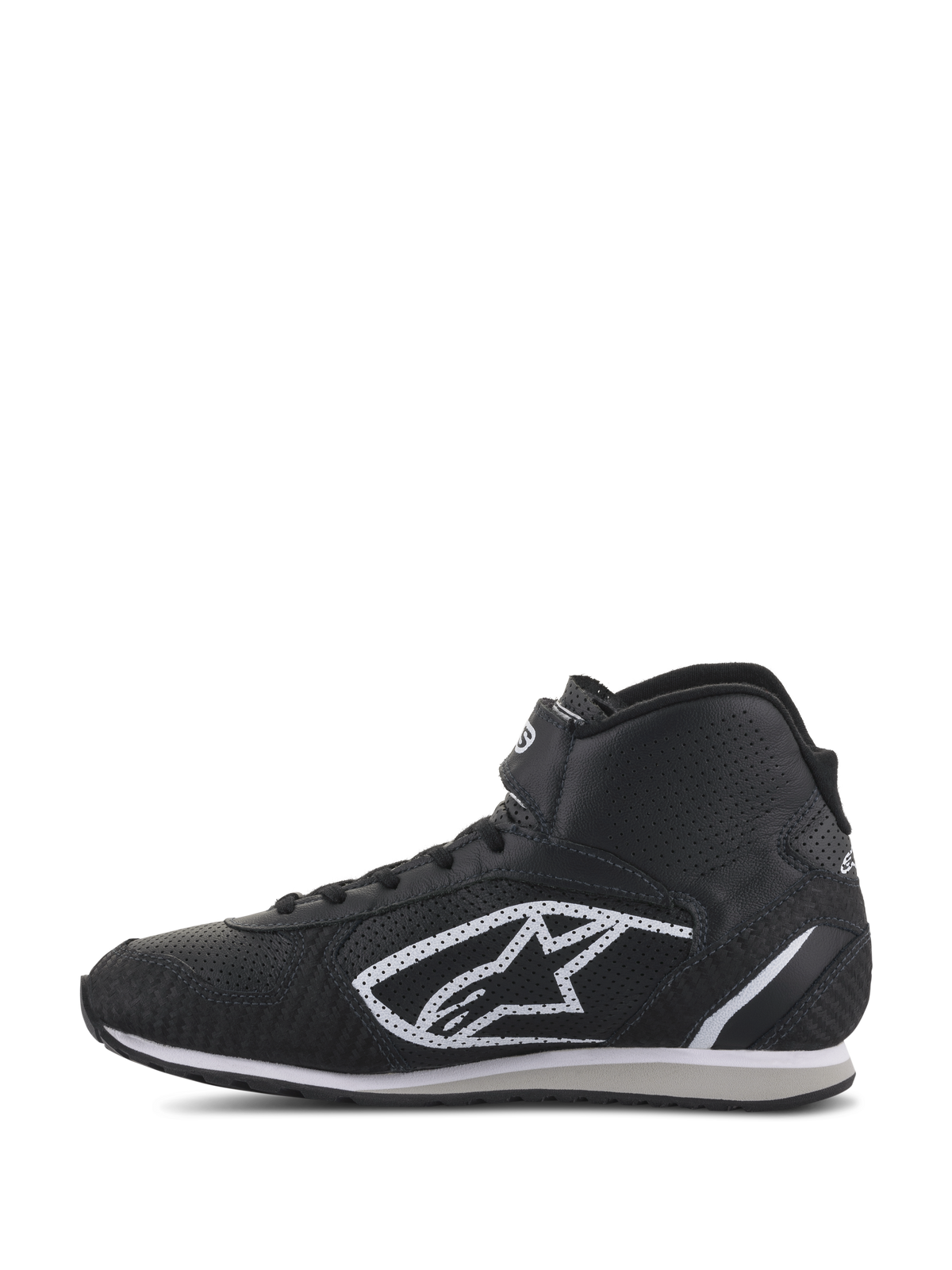 Alpinestars Radar Shoes, Auto Racing Pit Crew Shoes, Black and White, high-top profile featuring a perforated leather upper, iconic white A-star logo on the side, and adjustable hook-and-loop ankle strap.