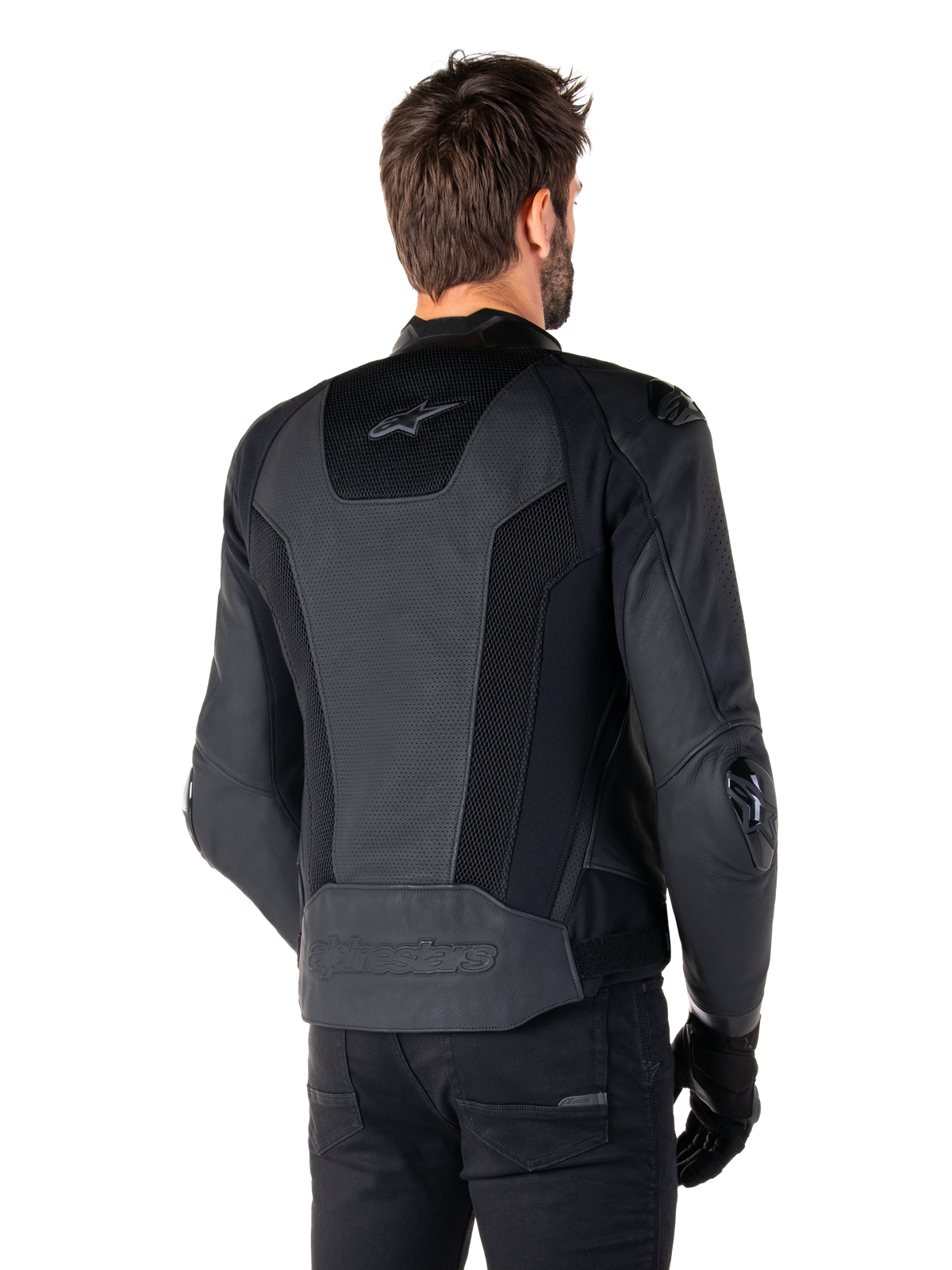 Alpinestars Missile V3 Airflow Leather Jacket, Black, Rear view on model, featuring perforated leather and mesh panels for ventilation, external TPU protectors on shoulders and elbows, sleek racing-inspired design