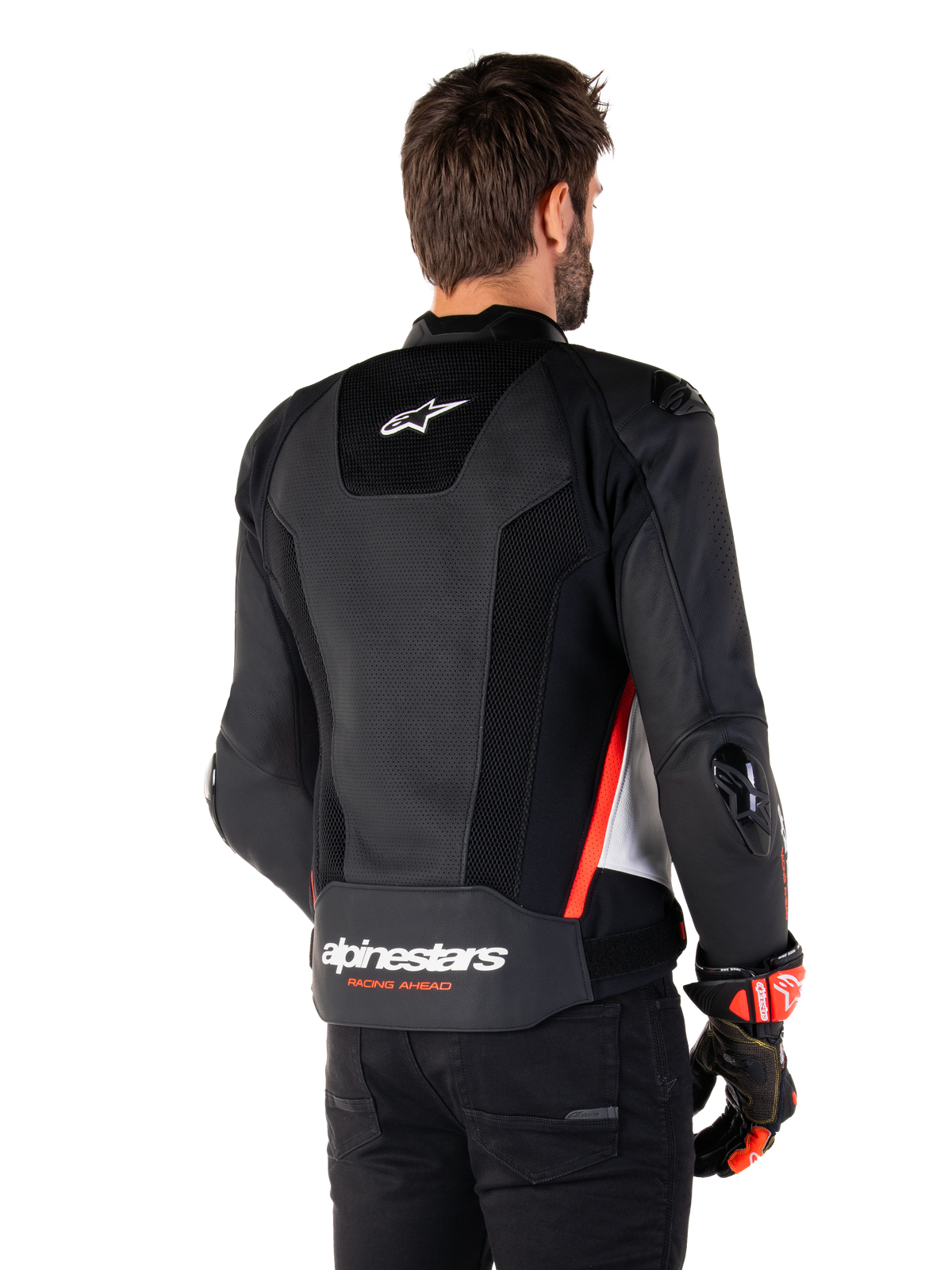 Alpinestars Missile V3 Airflow Leather Jacket, Rear View, Black White and Red Fluo, featuring extensive perforations for cooling, external DFS sliders on shoulders and elbows, and Alpinestars branding on the lower back.