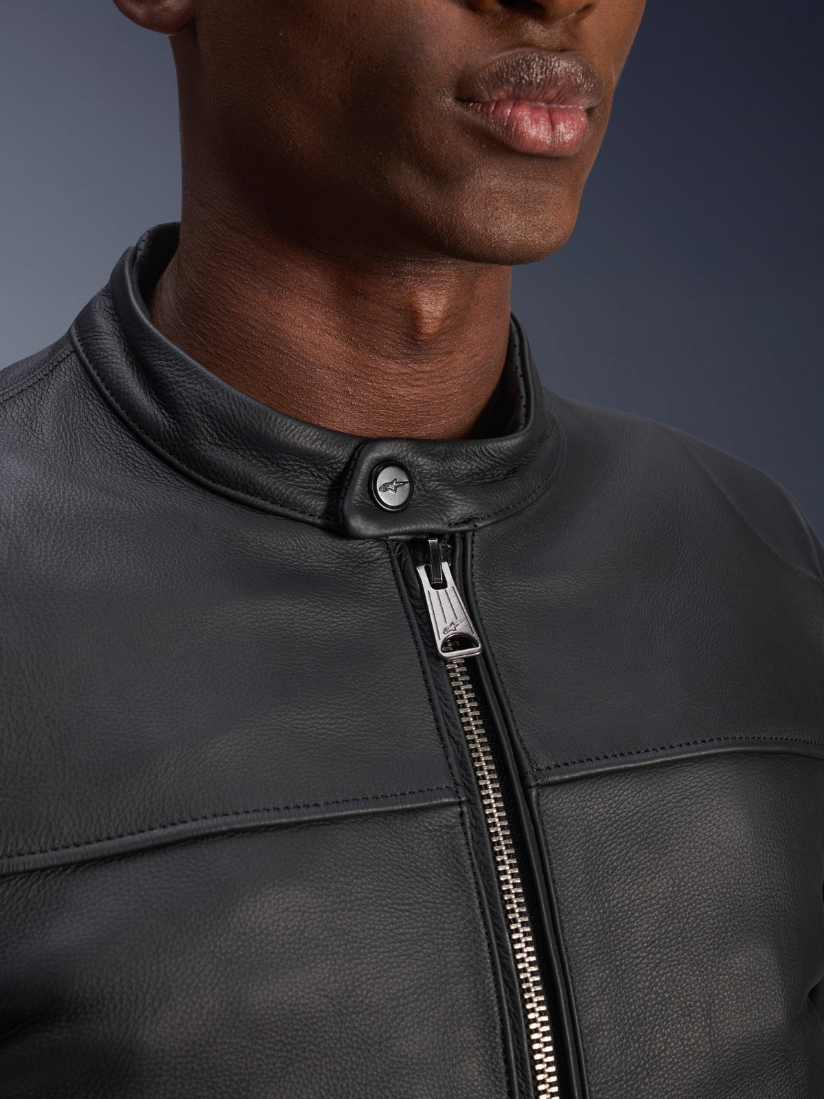 Alpinestars Blacktrack Leather Jacket, black bovine leather urban motorcycle jacket with gunmetal zip and button collar.